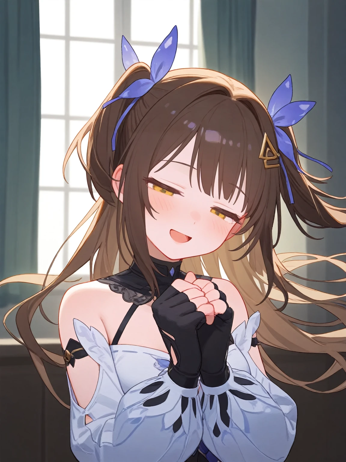 siris, siris-Ksana(Flutter of Ecstasy), brown_hair, twintails, hair clip, <lora:siris-Ksana(Flutter of Ecstasy)-tillunai3:0.8>,,blush,yellow eyes, confident,
praying, indoors, blurry background, smile, open mouth, blush, closed eyes, head tilt, floating hair, curtains, window, wind, darkness, backlighting, dark illuminate \(idolmaster\),upper body, feet out of frame,from above, from side,
best quality,amazing quality,very aesthetic,absurdres,masterpiece,best quality,amazing quality,very aesthetic,absurdres,masterpiece,[artist:ciloranko],[artist:ningen mame],{{artist:sushineko8}},(artist:tianliangduohefangdongye:1),, best quality,amazing quality,very aesthetic,absurdres,masterpiece,[artist:ciloranko],[artist:ningen mame],{{artist:sushineko8}},(artist:tianliangduohefangdongye:1)