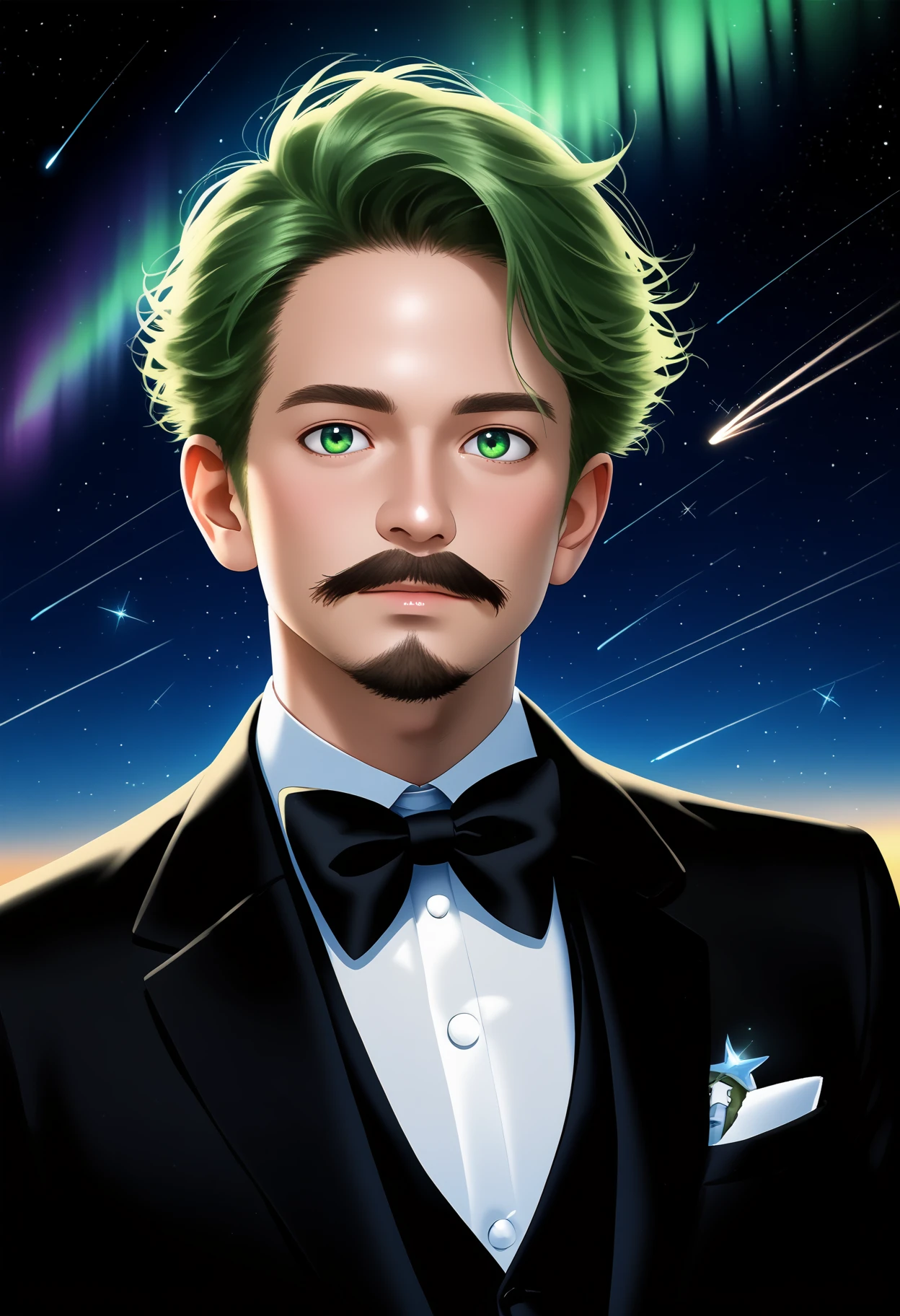 PonyXLV6_Scores BREAK  meitu, beetlejuice, anime, manga style, alex brightman starring as beetlejuice,1boy, aurora, beard, black bow, black bowtie, bow, bowtie, facial hair, formal, green eyes, green hair, male focus, mustache, night, night sky, realistic, shooting star, sky, solo, space, sparkle, star \(sky\), starry sky, suit, tuxedo, wlop, guweiz, meitu