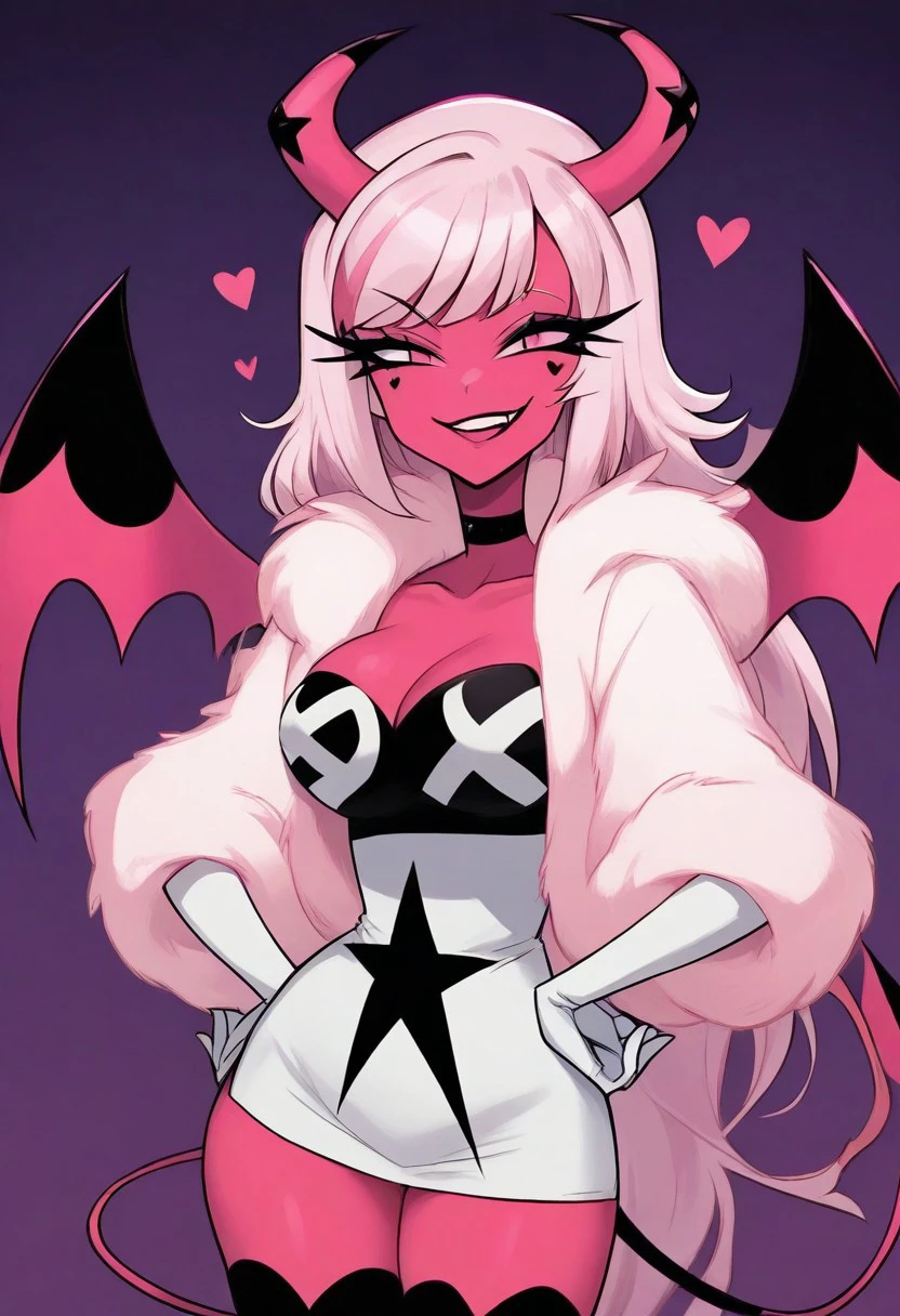 1girl, VerosikaV1Baseoutfit, pink colored skin, demon girl, choker, horns, colored skin, long hair, gloves, wings, pink skin, demon tail, heart,