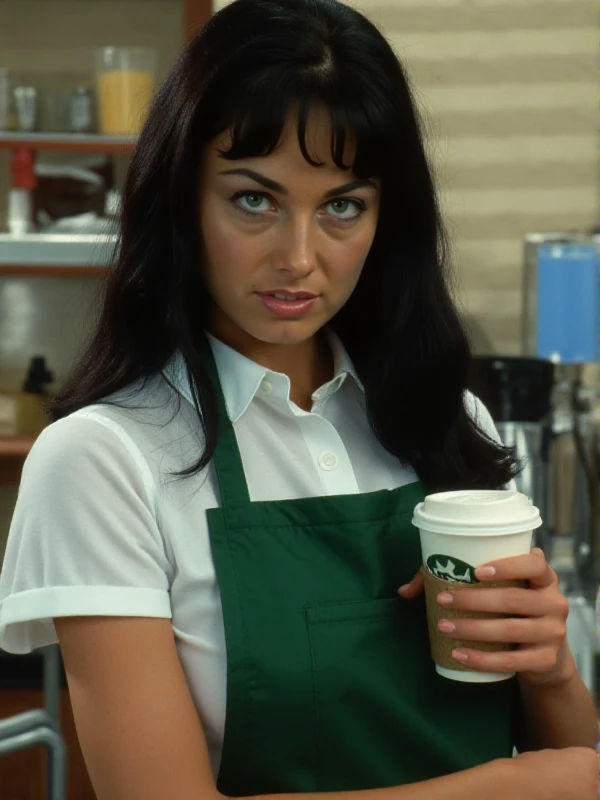 <lora:Anita_Dark:0.9> anita dark, black hair, long hair, blue eyes. she is wears a starbucks uniform and serves coffee in a starbucks