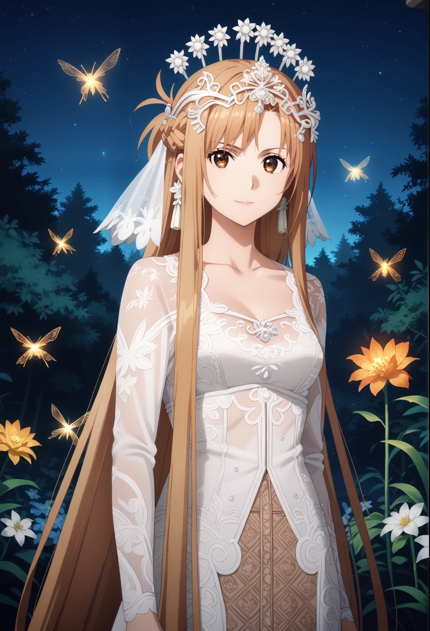 score_9, score_8_up, score_7_up, masterpiece, best quality, source_anime, BREAK 1girl, asuna yuuki, long hair, bangs, brown hair, brown eyes, very long hair, braid, kebaya wedding dress, (crown), tiara, looking at viewer, flower, slight smirk, hair ornament, standing, see-through, brown skirt, white dress, outdoor, forest, night sky, glowing fireflies, anime screencap, medium shot,  collarbone, glowing atmosphere