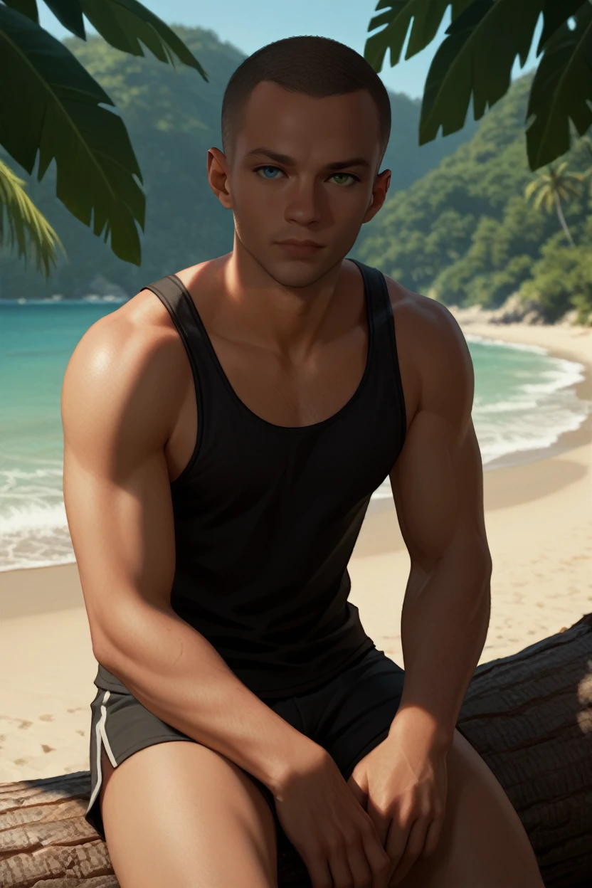 score_9, score_8_up, score_7_up,
<lora:DBHMarkus:0.8>
DBHMarkus, 1boy, buzz cut, heterochromia, blue eyes, green eyes, tanned, looking at viewer, solo, in a tank top, sitting on a large driftwood log, beach in the background, calm ocean, soft lighting, peaceful and relaxed atmosphere