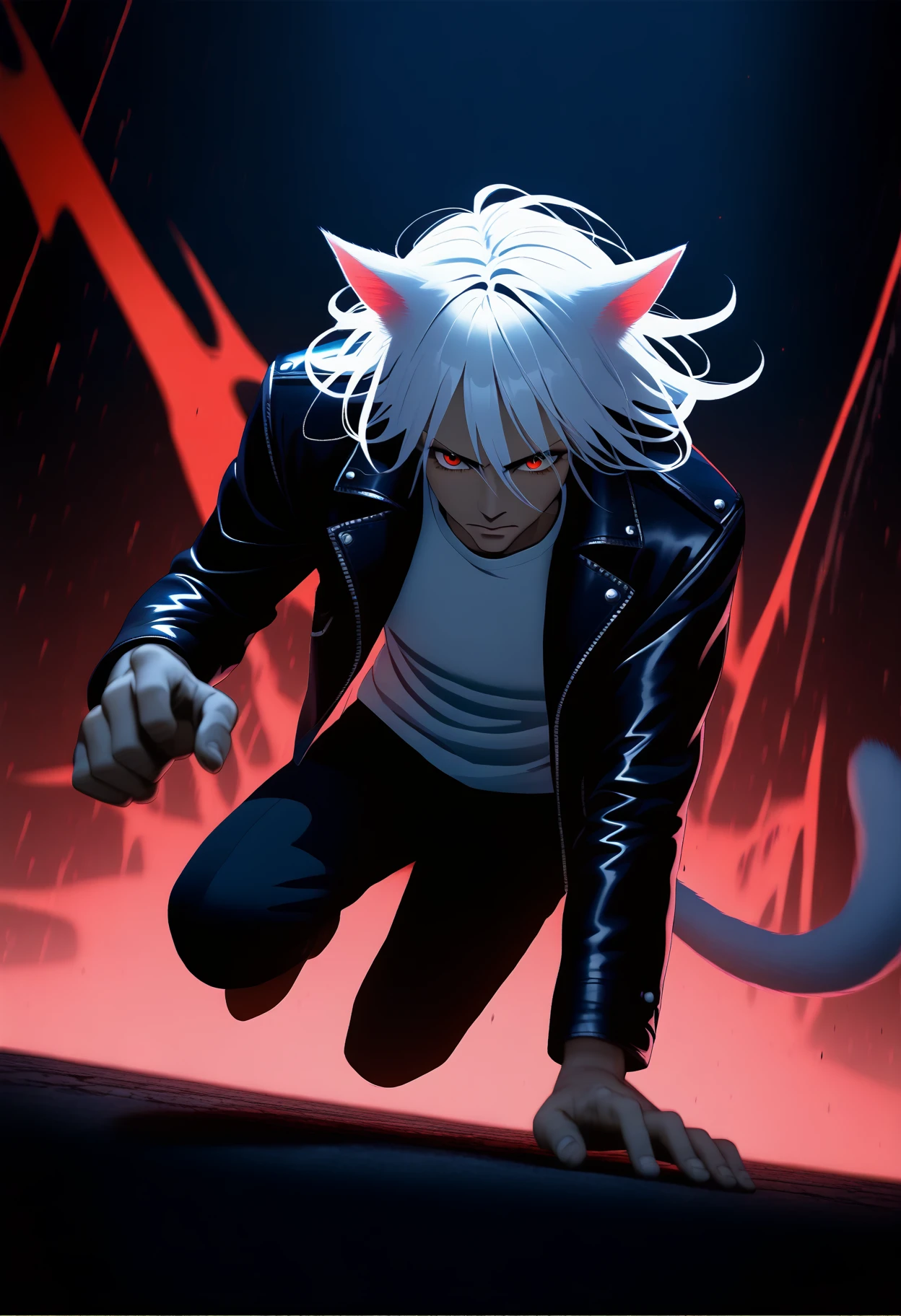 PonyXLV6_Scores BREAK  Dynamic comic book illustration of a male (Miqo'te:1.3) with (white hair:1.2) and (red eyes:1.2), showcasing an (edgy style:1.3), wearing (leather jacket with a white shirt:1.1), intense expression, action pose, dramatic shadows, vibrant colors, urban background, high contrast, graphic novel aesthetic