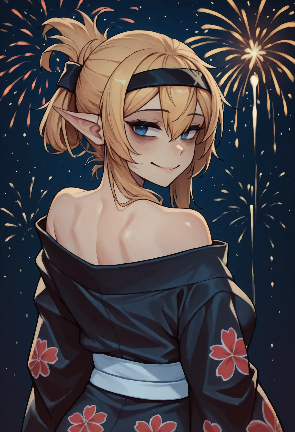 anime, masterpiece, best quality, <break> from behind, solo, 1girl, th4lia, smile, looking back, long hair, blonde hair, sidelocks, hair between eyes, folded ponytail, black hairband, pointy ears, blue eyes, bags under eyes, japanese clothes, black kimono, floral print kimono, off shoulder, white sash, bare shoulders, fireworks
<segment:yolo-Anzhc Face seg 640 v2 y8n.pt,0.4,0.5//cid=1>