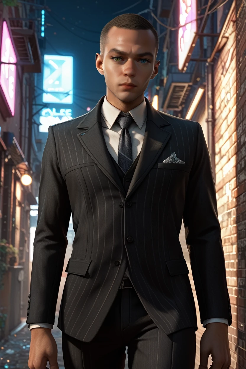 score_9, score_8_up, score_7_up,
<lora:DBHMarkus:1.0>
DBHMarkus, 1boy, buzz cut, heterochromia, blue eyes, green eyes, tanned, looking at viewer, In a dimly lit urban alley, tailored black suit, ambient neon lights casting shadows, leaning confidently against a brick wall, cowboy shot