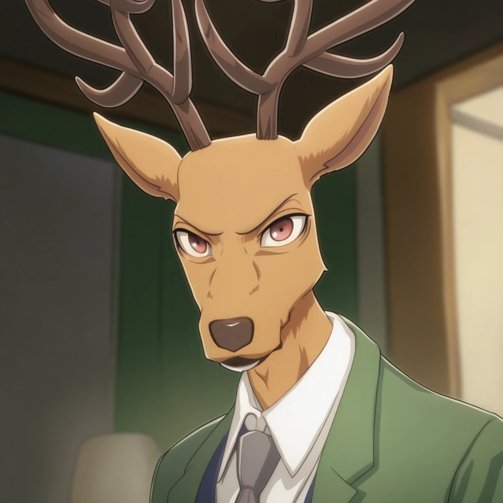 score_9_up, score_8_up, score_7_up, high quality, detailed, source_furry, male, solo male, 1boy, broad shoulders, mature male, reddish brown eyes, athletic build, slim build, deer, buck, antlers, brown body, animal ears, blue vest, white collared shirt, gray tie, green jacket, looking at viewer, bust shot, indoors