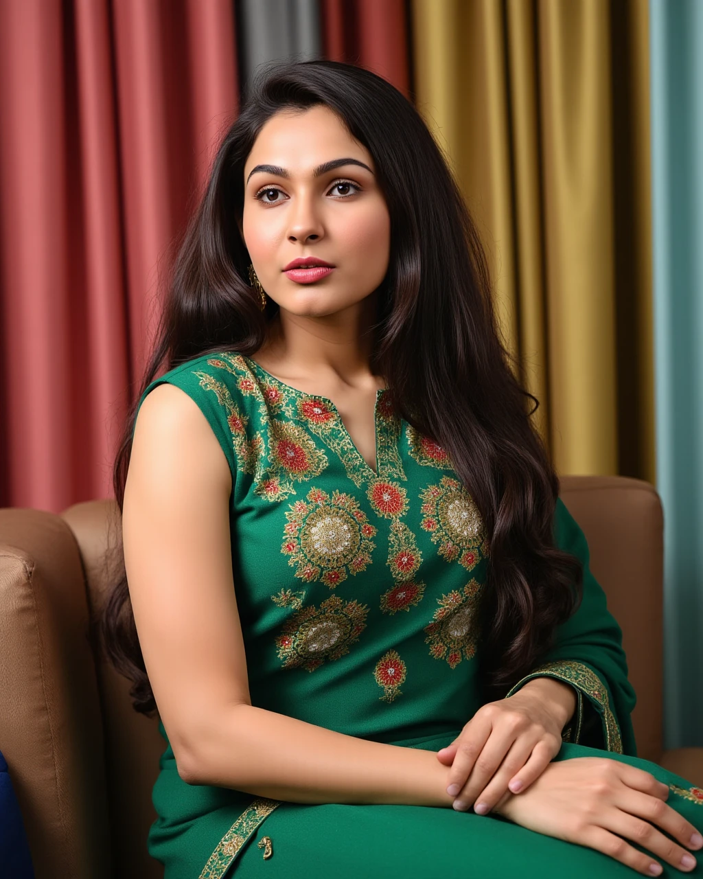 dutch angle photo of Andrea Jeremiah woman,candid photo with natural colors, pouting expression on face,studio quality, wearing intricate conservative sleeveless Emerald Kurti with Leggings, straight hair, pastel shaded multicolored background, cinematic soft lighting<lora:TestBed\Andrea_Jeremiah_2024_Flux_Kohya_LoRA_v1-step00000200.safetensors:1.0:1.0>