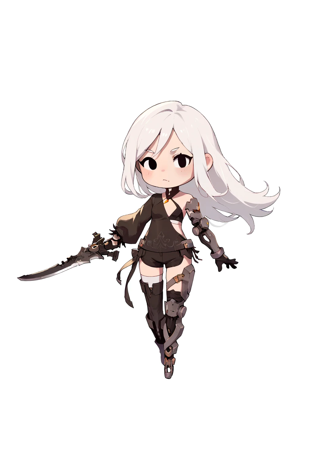 <lora:Nier_Gayle-PONY:0.8> 1girl, solo, full body, chibi, white background, white hair, long hair, maingayle, asymmetrical clothes, single sleeve, shorts, prothesis, black glove, holding sword, score_8_up, score_7_up, score_6_up, score_5_up, score_4_up,