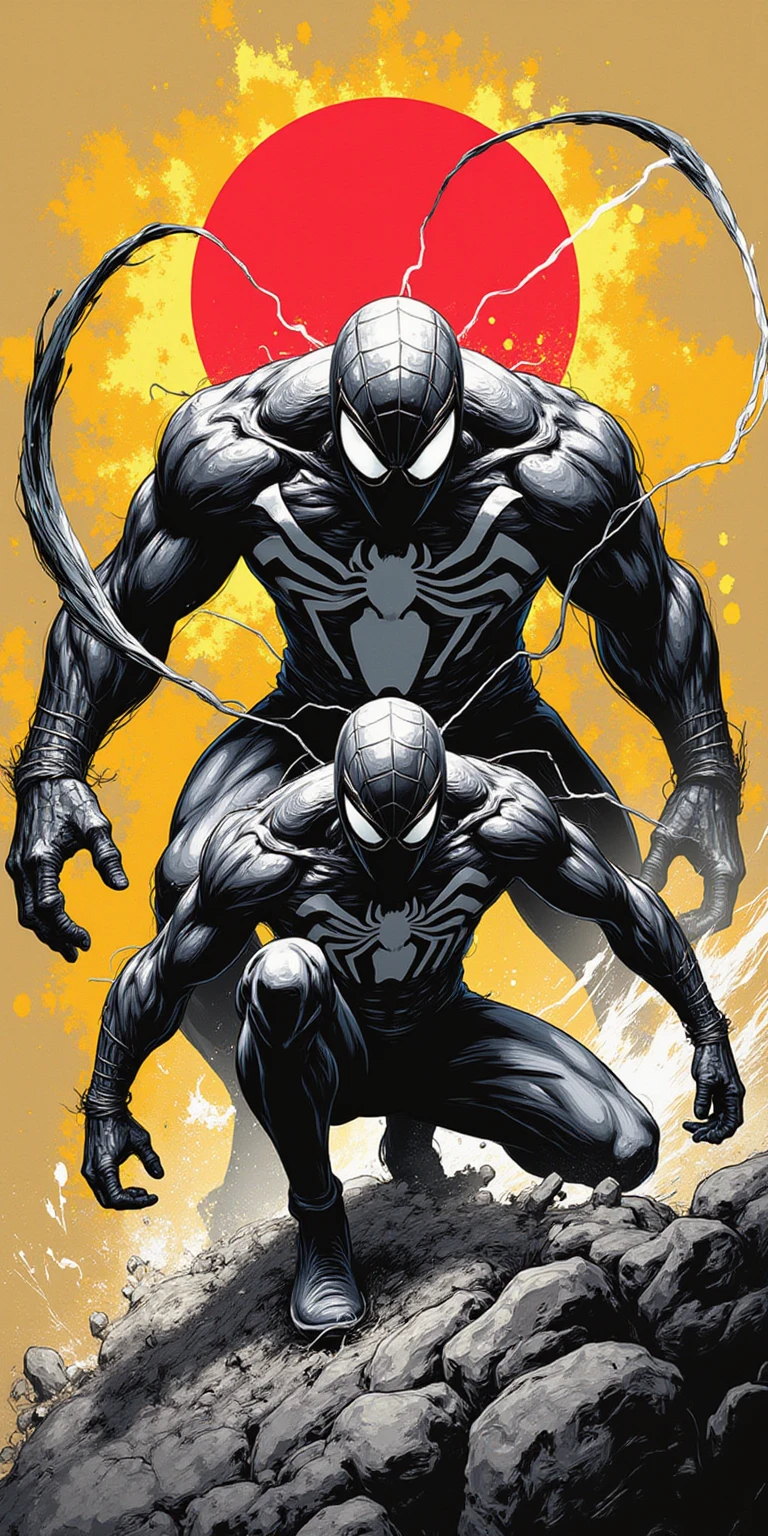 A gritty black and white illustration of Spider-Man, framed with a dramatic red sunburst surrounded by a yellow glow in the background, as Venom's ominous presence looms large. The web-slinger's heroic pose is met with Venom's menacing dunk, a nod to Mike Deodato Jr.'s style. Miles Morales' iconic character meets Ryan Stegman-inspired symbiote chaos, blending Marvel art and Venomized mayhem.