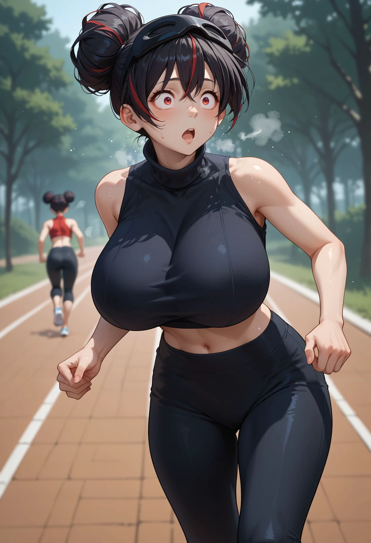 gym, workout, hot, sweating, sweaty, tan, big , tan skin, flustered, blush, purple clothes, see thru, yoga pants, black hair, soaked, wet, naked , cleavage, running, running, girl running, in pain, painfull, running, sprinting, eyes closed, screaming, screaming in pain, running, curvy, outside, at the park, marathon