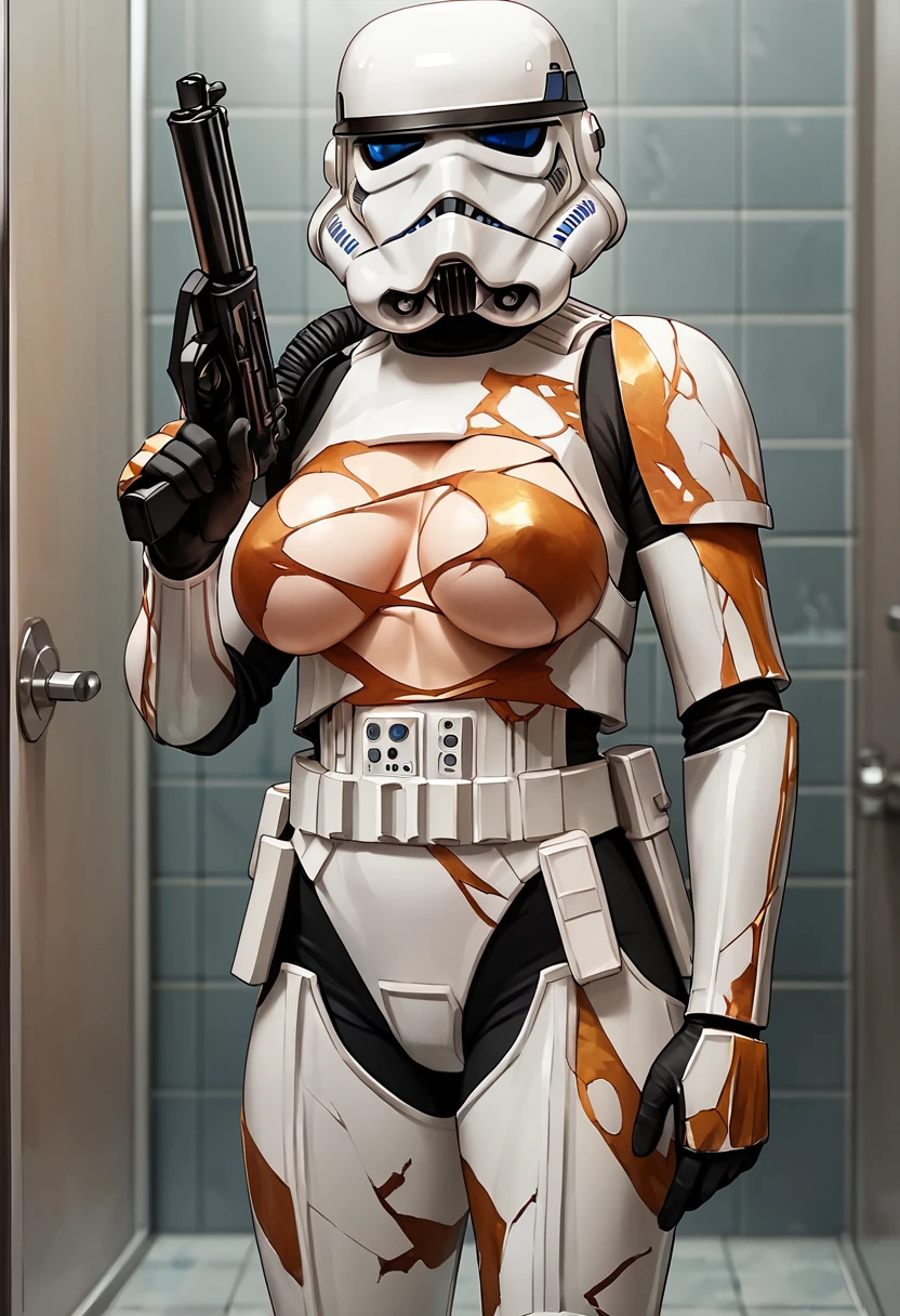 <lora:stormtrooper-PXL:0.8> stormtrooper-pxl, solo, 1girl, female, large breasts, thick thighs, wide hips, blaster-sttr, gold damaged, bathroom, cowboy shot, , ,, score_9, score_8_up, score_7_up, score_6_up, score_5_up, score_4_up,, score_9, score_8_up, score_7_up, score_6_up, score_5_up, score_4_up,