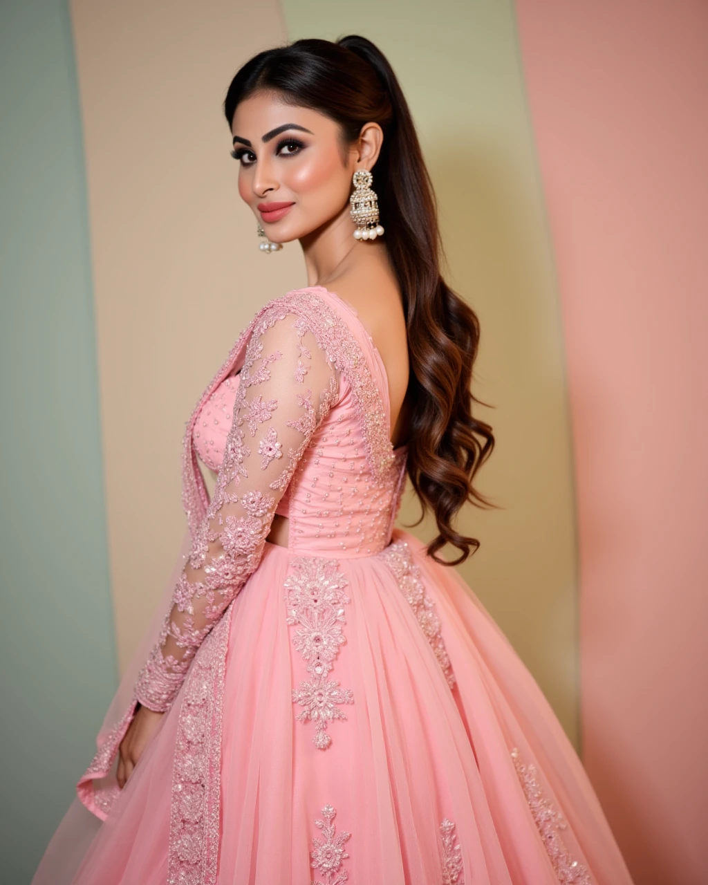 headshot photo of Mouni Roy woman,candid photo with natural colors, smiling expression on face,studio quality, wearing intricate conservative long sleeved Pink Indo-Western Gown, high ponytail, pastel shaded multicolored background, cinematic soft lighting<lora:TestBed\Mouni_Roy_2024_Flux_Kohya_LoRA_v1-000017.safetensors:1.0:1.0>