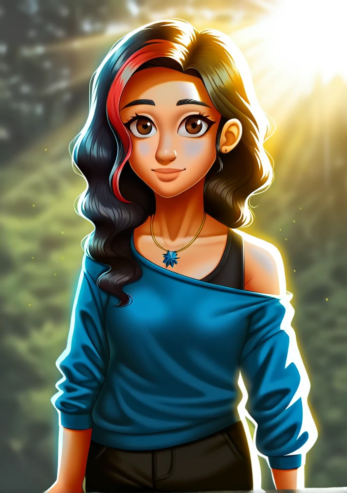 masterpiece,best quality,
 valortiz, 1girl, blue shirt, exposed left shoulder,  necklace, dark hair, multicolored hair, black pants, brown eyes, outdoor school front, sunlight highlighting off body, (2D, digital artwork:1.3)