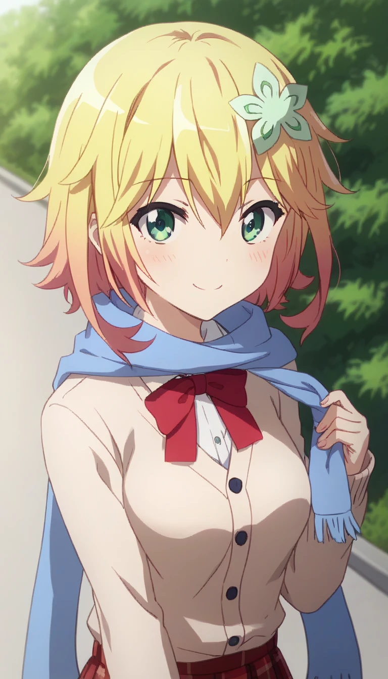 score_9,score_8_up,score_7_up,score_6_up BREAK official art,solo,outdoors,upper body,(portrait:1.5),looking at viewer,facing viewer,smile,blush,Tapris Sugarbell Chisaki,short hair,two-tone hair,blonde hair,hair ornament,hair flower,green flower,hair between eyes,parted bangs,green eyes,blue scarf,beige cardigan,red ribbon,collared shirt,white shirt,medium breasts,red skirt,plaid skirt,pleated skirt,black pantyhose,loafers,<lora:Tapris Sugarbell Chisaki(gd)-Pony:1.4>,