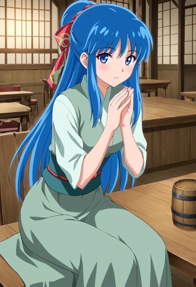 Detailed Hands, Excellent quality image, ultra detailed image, 1 girl, cute face, alone, blue eyes, detailed pupils, long hair, blue hair, ponytail, bun, sitting, tavern background, wooden tables