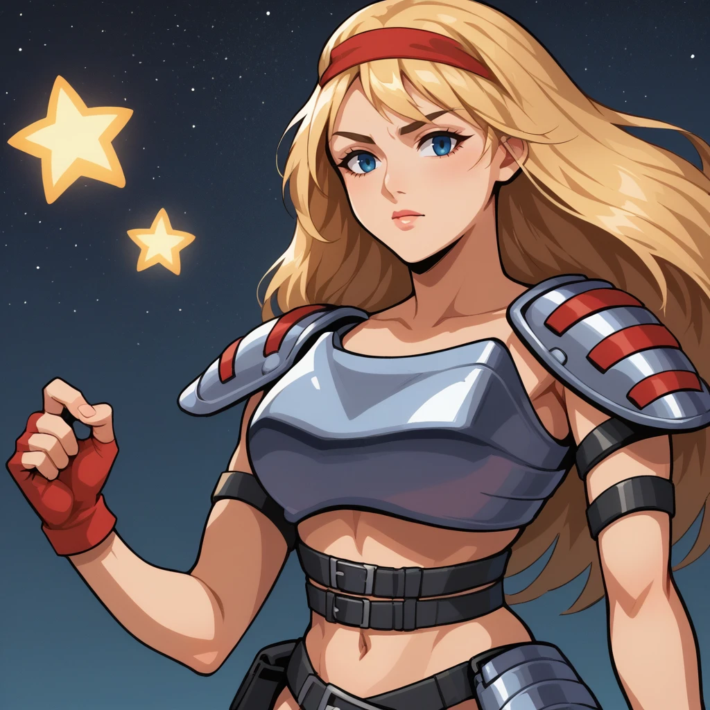 score_9, score_8_up, score_7_up, BREAK best quapoty, absurdres, highres, source_anime, <lora:PDXL_SheenaCHC-000010:1>, night sky, stars, SheenaCHC, 1girl, fingerless gloves, hairband, breastplate, navel, belts, pauldrons, upper body
