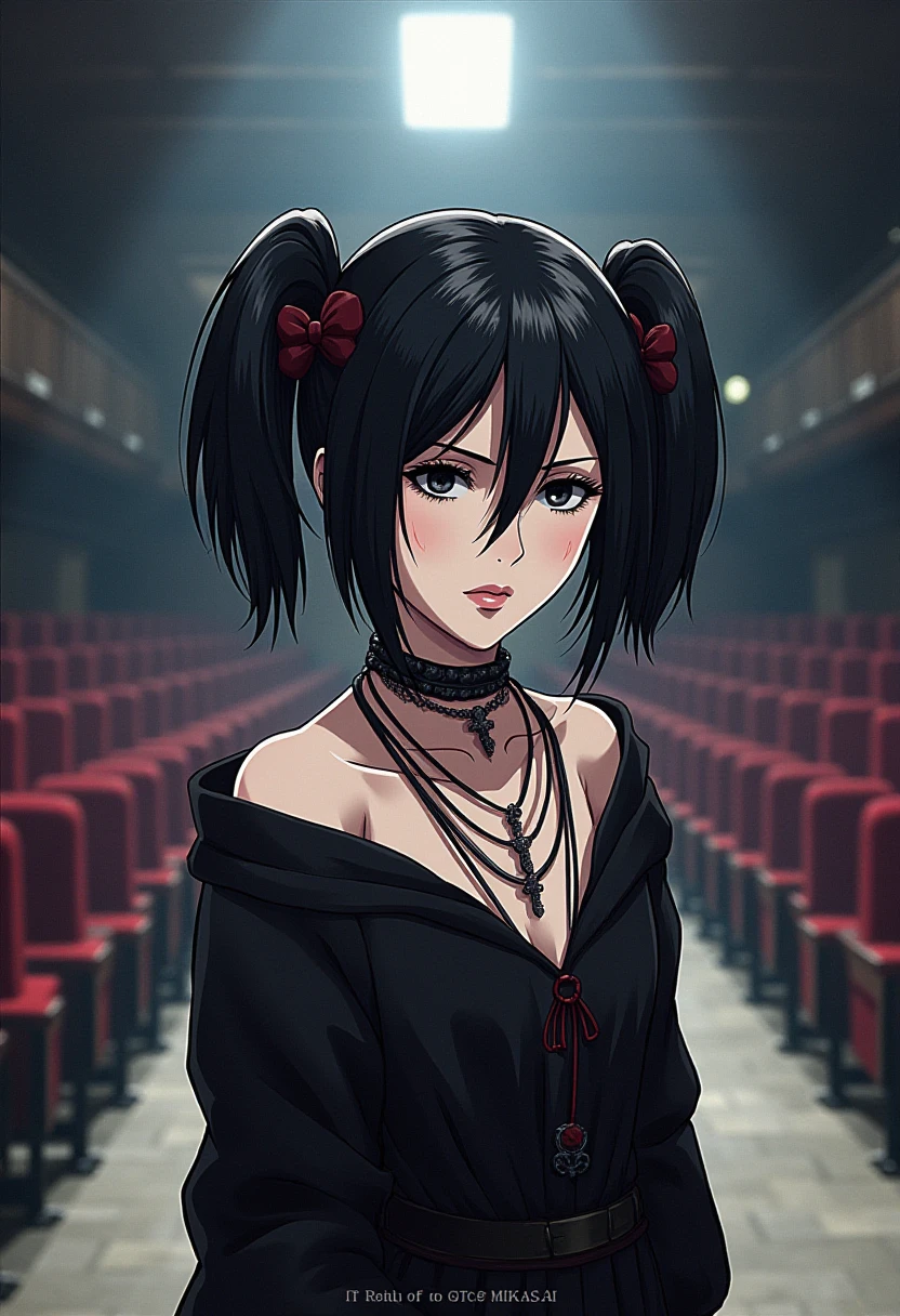 A detailed solo portrait of aot_mikasa
Anime style, sharp, high contrast and highly detailed,,
  <lora:attack_on_titan_mikasa_young_flux_v1_2-000008:1>, 
She is standing in a theatre hall. She is in a stylish, gothic-inspired outfit. She is standing with a slightly relaxed posture, gazing forward with confidence and a mysterious aura. Her style exudes elegance mixed with edginess, making a bold statement.
Her outfit includes a black, loose-fitting top with a deep neckline, accentuating her layered accessories. She is wearing multiple necklaces, including one with a prominent cross pendant, and a choker around her neck, which adds to the gothic theme. The overall look is monochromatic, emphasizing black as the primary color, which contrasts with her pale complexion and sharp, short black hair. The layered accessories, dark color palette, and simple yet bold design give her a contemporary, gothic-inspired fashion style.
Her hairstyle features short, jet-black hair styled into playful twin pigtails tied high near the back of her head. The pigtails are slightly messy, giving them a natural, carefree vibe, with loose strands framing her face. Her bangs are straight, blunt, and fall neatly across her forehead, just above her eyebrows, emphasizing her bold eyes. The layered haircut adds texture, with some shorter locks near her ears enhancing the edgy, modern look. The overall style is youthful yet sophisticated, blending a playful charm with a gothic undertone, perfectly complementing her studded choker and edgy fashion sense.
Her makeup is bold and striking, perfectly complementing her edgy style. She wears dramatic eyeliner that wings slightly outward, enhancing her almond-shaped eyes and adding a fierce intensity to her gaze. Her eyelids are adorned with a subtle smokey effect, blending dark and neutral tones that emphasize her eyes further. Her long lashes are well-defined and voluminous, making her eyes appear even more captivating.
Her lips are painted with a deep red lipstick that adds a touch of sensuality and contrasts beautifully with her pale complexion. A soft blush highlights her cheekbones subtly, adding dimension to her face without overpowering her gothic aesthetic. Her eyebrows are sharply defined and slightly arched, framing her face and reinforcing her confident and rebellious vibe. The makeup overall is polished and striking, exuding a combination of elegance and gothic edge.