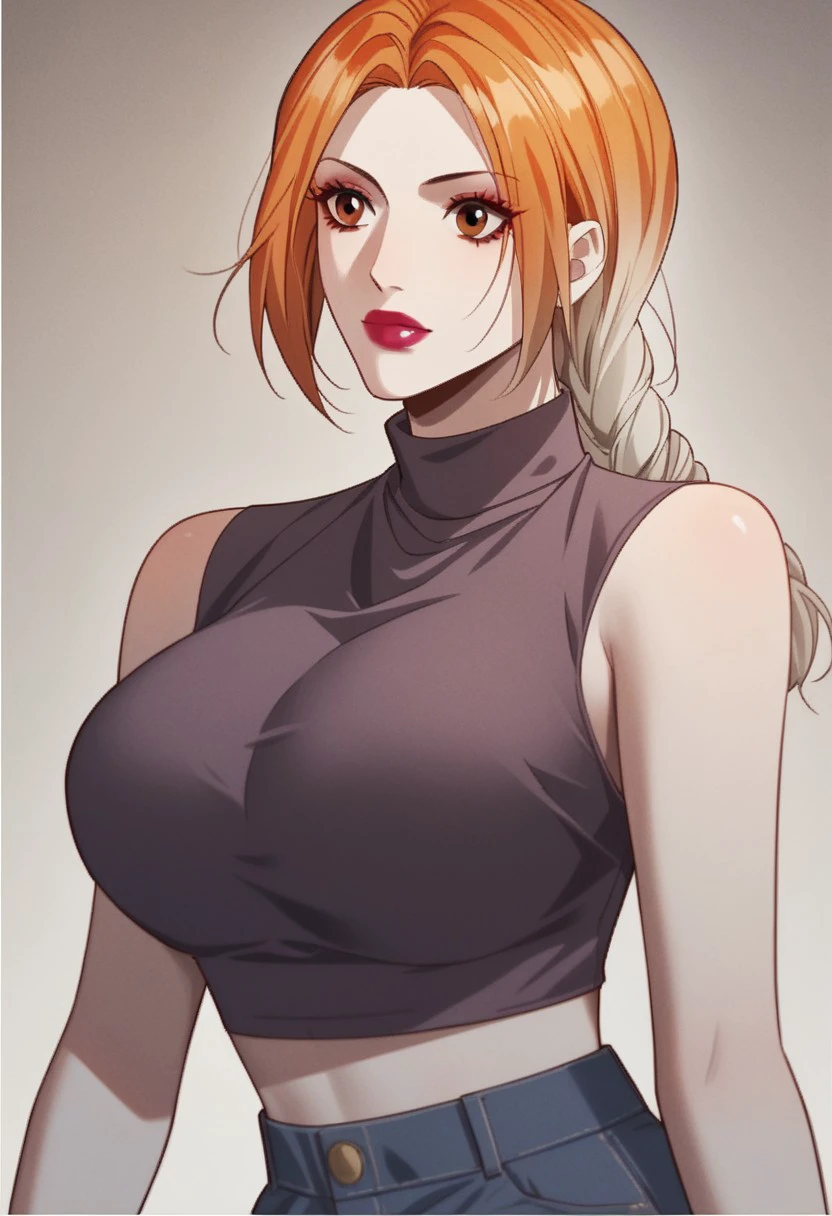 score_9, score_8_up, score_7_up, BREAK, AnMenglan, gradient hair, orange hair, white hair, orange eyes, large breasts, red lips, makeup, CasualPurple, long hair, braided ponytail, single braid, turtleneck, sleeveless crop top, black crop top, midriff, jeans, 1girl, solo,