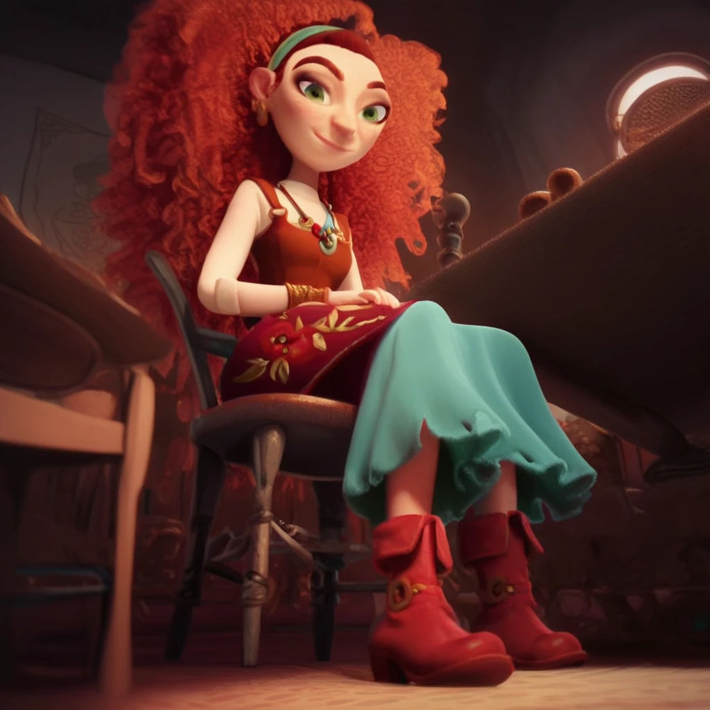 score_9, score_8_up, score_7_up, 1girl, solo, y4g4, red hair, curly hair, long hair, green eyes, hairband, earrings, necklace, bracelet, dress, boots, sitting, room, chair, view from below, low angle, slightly smile, looking at viewer,