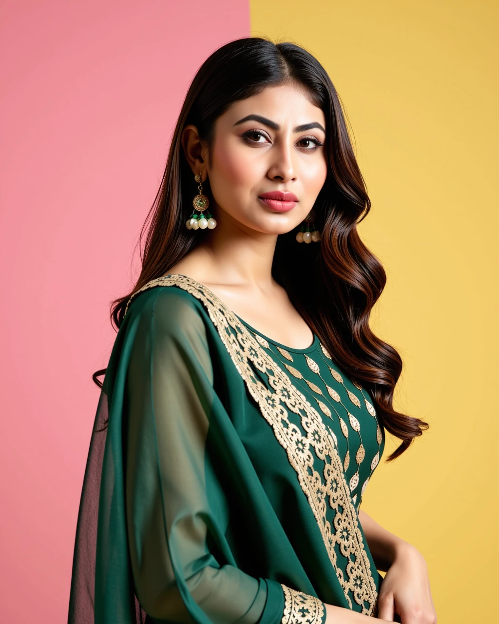 full body photo of Mouni Roy woman,candid photo with natural colors, pouting expression on face,studio quality, wearing intricate conservative long sleeved Forest Green Mekhela Chador (Assamese traditional attire), curls, pastel shaded multicolored background, cinematic soft lighting<lora:TestBed\Mouni_Roy_2024_Flux_Kohya_LoRA_v1-000017.safetensors:1.0:1.0>