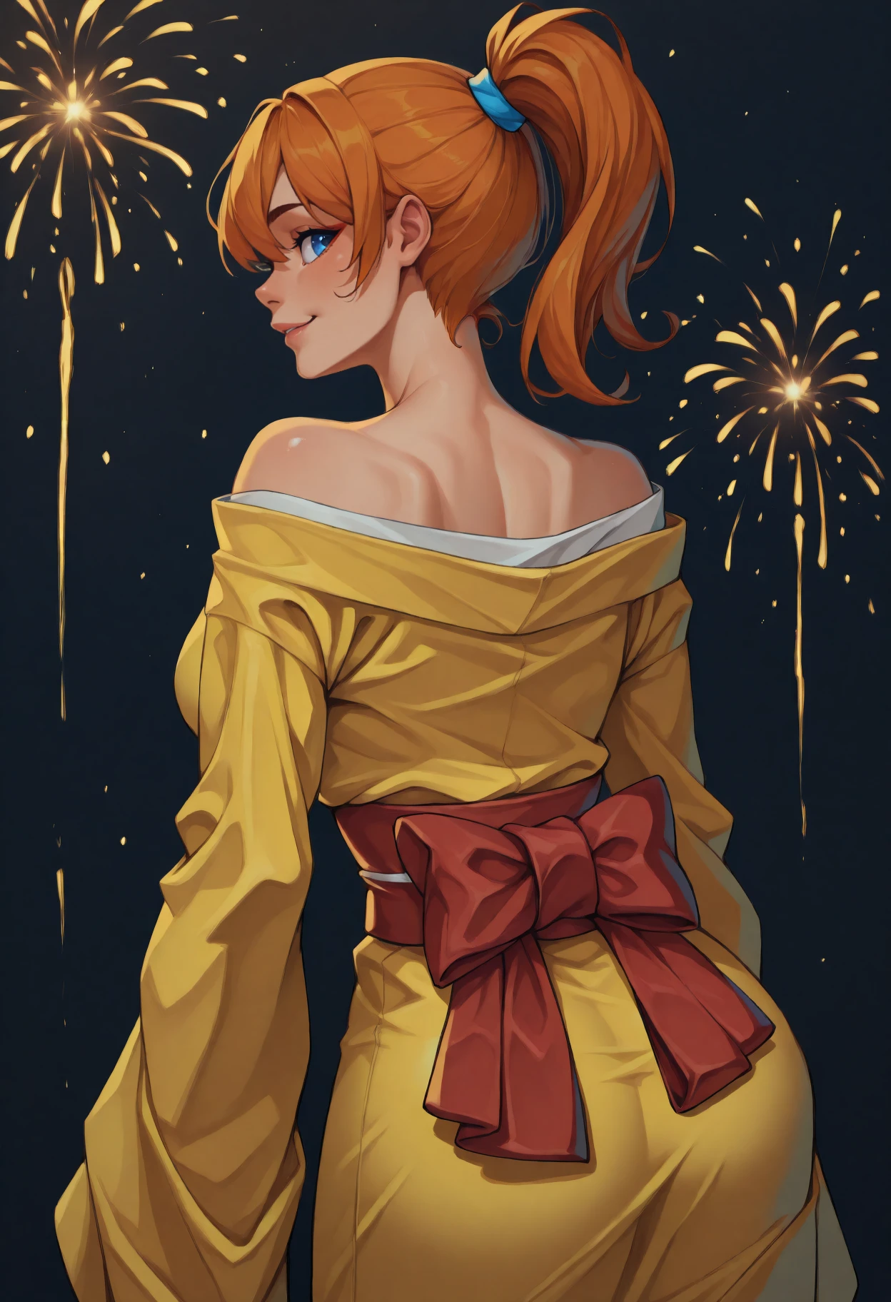 anime, masterpiece, best quality, <break> from behind, solo, 1girl, m3chanic, smile, looking back, long hair, orange hair, ponytail, blue eyes, japanese clothes, yellow kimono, off shoulder, red sash, bare shoulders, fireworks
<segment:yolo-Anzhc Face seg 640 v2 y8n.pt,0.4,0.5//cid=1>