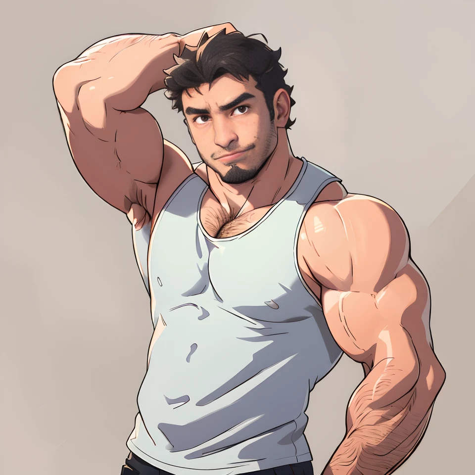 absurdres, highres, <lora:GavinWolfe:0.85>, gavinwolfe, muscular male, tank top, portrait, looking at viewer, simple background, smirk, (stubble:1.2), <lora:backlight_slider_v10:1>, arm behind head, chest hair