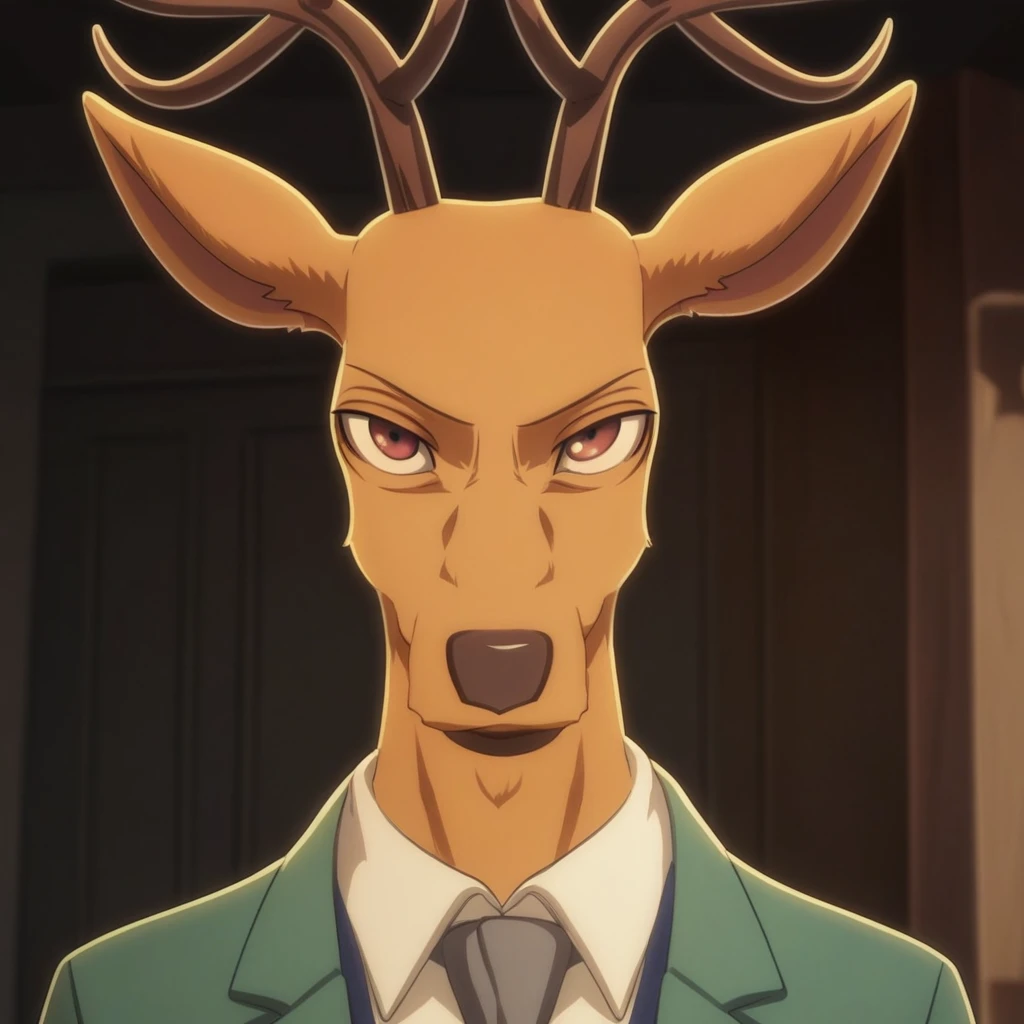 score_9_up, score_8_up, score_7_up, high quality, detailed, source_furry, male, solo male, 1boy, broad shoulders, mature male, reddish brown eyes, athletic build, slim build, deer, buck, antlers, brown body, animal ears, blue vest, white collared shirt, gray tie, green jacket, looking at viewer, bust shot, indoors