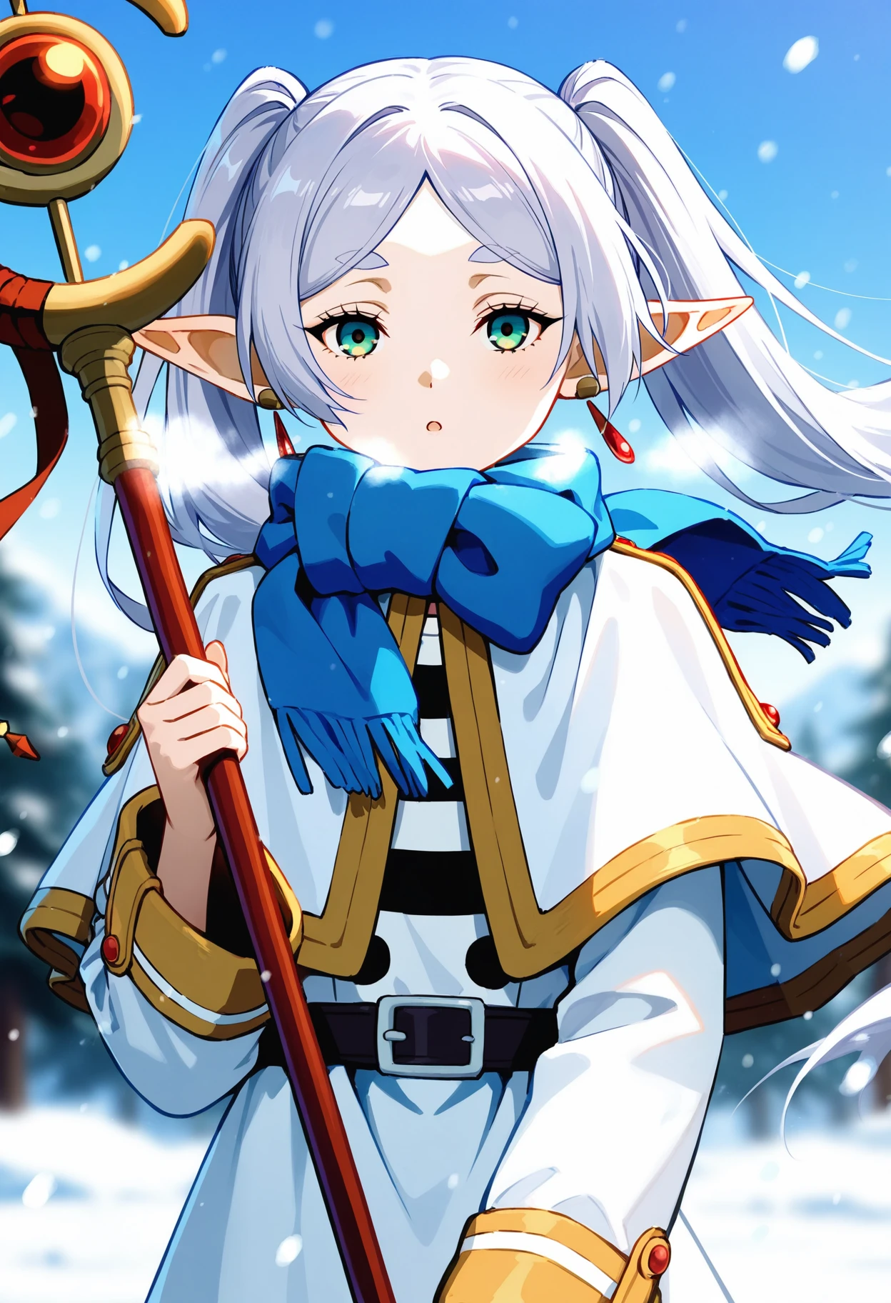 1girl, frieren, sousou no frieren, :o, blue scarf, blurry, blurry background, buttons, coat, double-breasted, earrings, elf, floating earring, green eyes, grey hair, jewelry, long hair, looking ahead, outdoors, parted bangs, pointy ears, scarf, solo, twintails, upper body, very long hair, white coat, open mouth, white capelet, looking at viewer, long sleeves, wind, blush, depth of field, gold trim, holding staff, winter coat, snowing, shirt, holding, capelet, day, striped shirt, winter clothes \(zelda\), breath, mage staff, staff, dangle earrings, parted lips, floating hair, striped clotheum shadow \(genshin impact\), sidelock