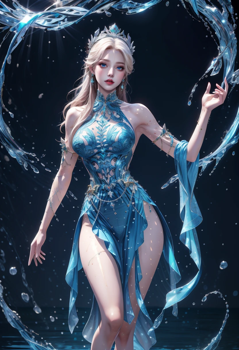 1girl, masterpiece, best-quality, absurdres, (extremely-detailed-CG:1.2), ultra-realistic-lighting, ultra-detailed, intricate-details, Highres, 8K, solo, alone, very_long_hair, voluminous-hair, thick-hair, (white_hair:1.2), blue-dress, bare-shoulders, small-breasts, innocent-looking, hair-ornament, white-background, blue-eyes, white-skin, pale-skin, goddess, <lora:20240324-1711284521625:0.3>, blue-theme, water, water-particles,  <lora:LAstargalaxydress10-constant64:0.8>, thighs-up-shot, thighs-up, <lora:CreationMagic:0.5>, magic, water-magic,