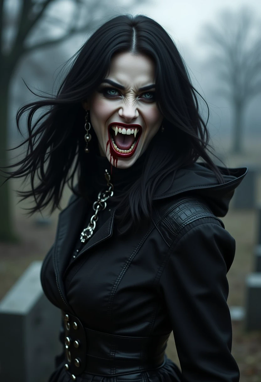 a attractive female russian vampire with long bloody Dracula fangs and black blowing fenzy hair, walking at a mystic graveyard, he is wearing a vampire gothic cloth,