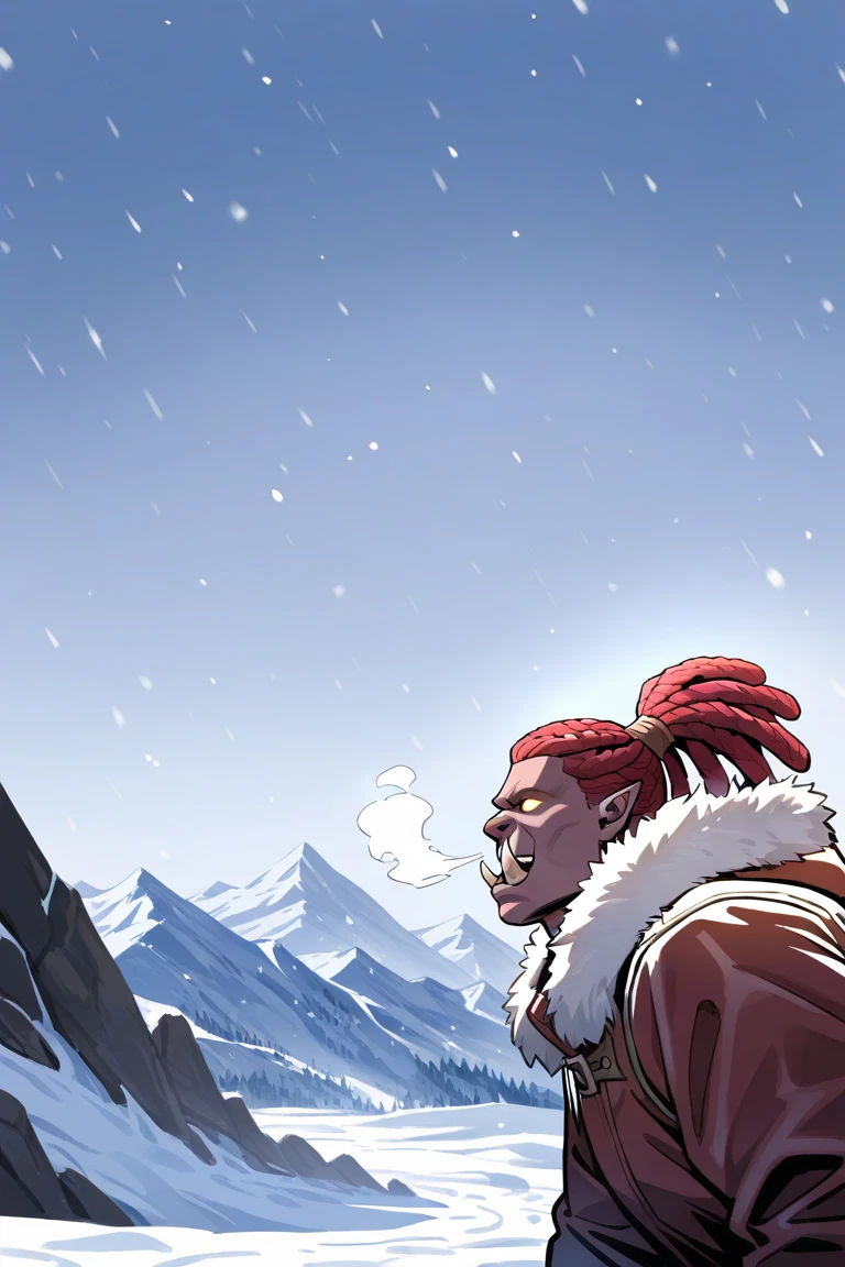 day, natural lighting, winter theme, snow, snowing, snowflakes, mountain, breath, red colored skin-orc focus, leaning back, looking away, smiling, expressive face, BalmondML, yellow_BalmondML_glowing eyes, red-white_BalmondML_multicolored dreadlocks ponytail, open mouth, winter clothes, fur trim, 1orc, blurry outdoors, scenery, from side, from below, centered, intricately detailed illustration, masterpiece,best quality,amazing quality,very aesthetic,absurdres,newest