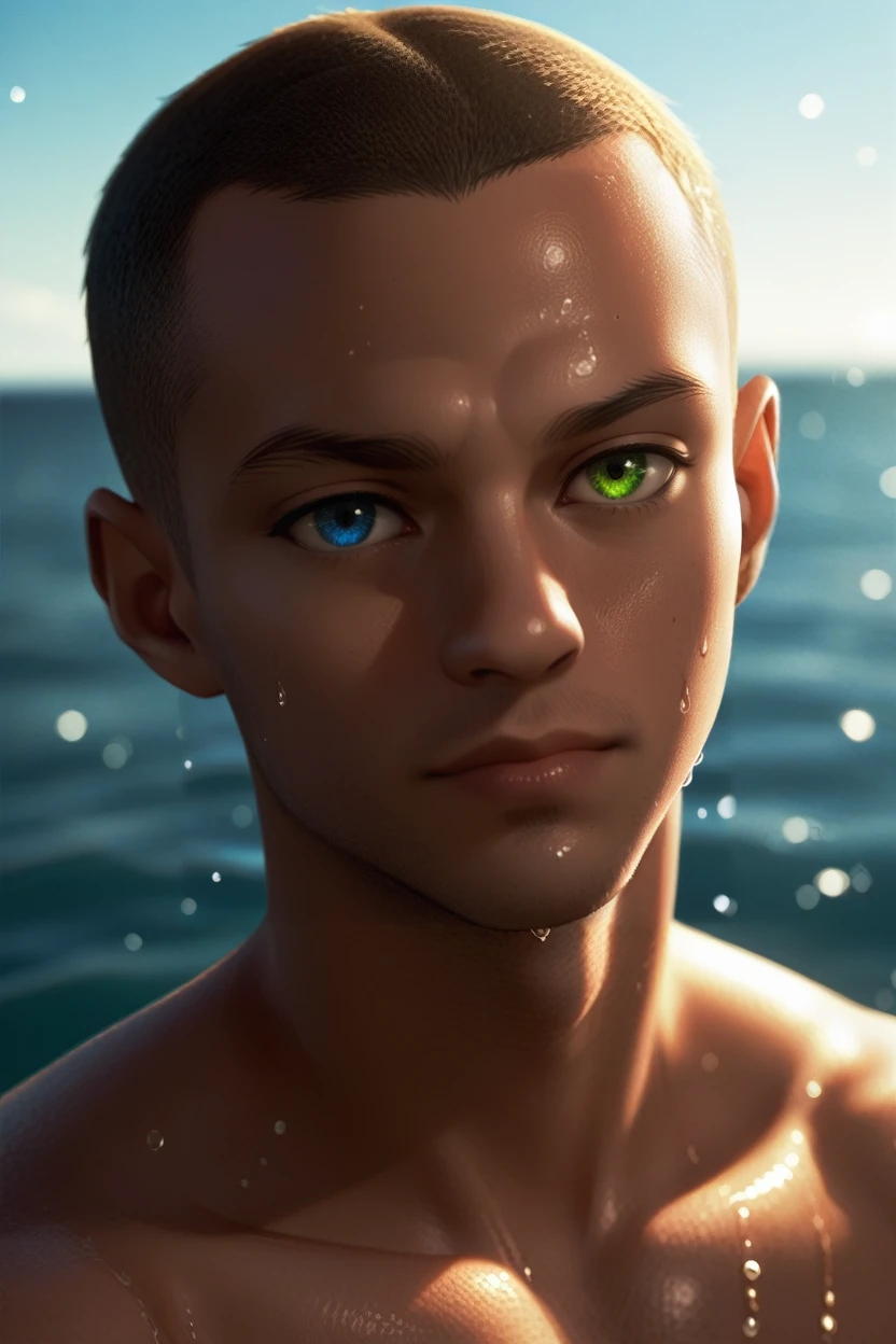 score_9, score_8_up, score_7_up,
<lora:DBHMarkus:0.8>
DBHMarkus, 1boy, buzz cut, heterochromia, blue eyes, green eyes, tanned, looking at viewer, solo, wet hair, droplets of water on skin, ocean background, soft focus, sun setting in the background, glowing complexion