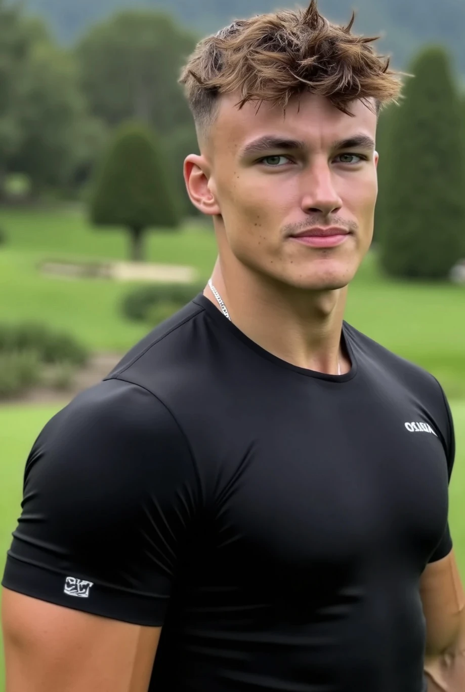 The image is a high-resolution photograph featuring OllyD standing outdoors on a lush, green park. He is positioned centrally in the frame, looking directly at the camera with a confident expression. The man has a chiseled jawline, defined cheekbones, and a strong, athletic build. He has short brown hair styled in a messy, tousled manner, with a slight wave on top. He is wearing a tight fitted black compression shirt,