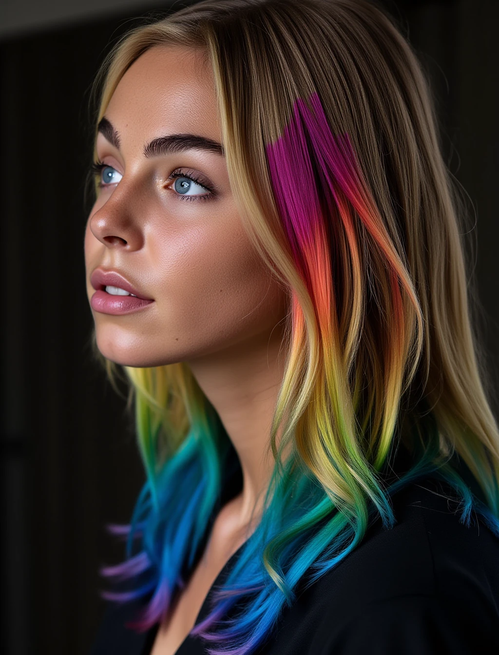 An 8k Real Photo with her whole body in view of <lora:elizabethturnerv1:1> Elizabeth Turner with colorful long wavy (rainbow hair:9.9) and (freckles:1.5) wearing a Star Trek Insurrection Uniform