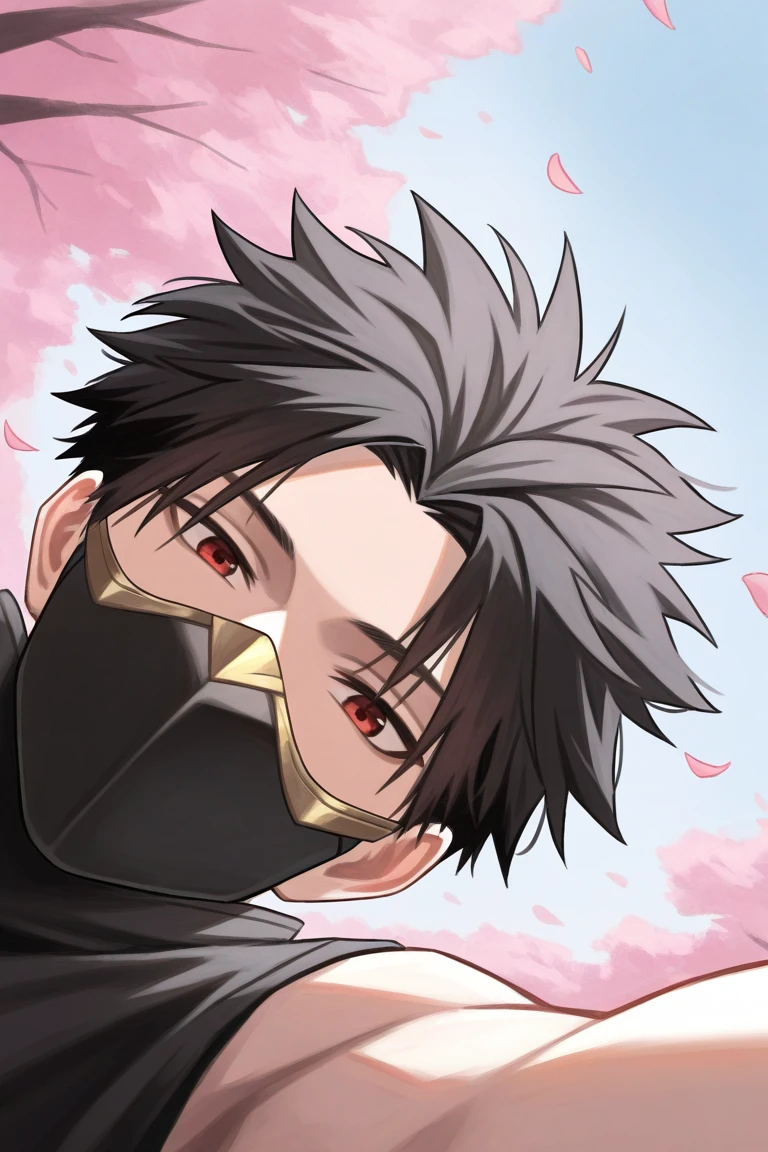 day, natural lighting, spring theme, flowers, petals, masked male focus, selfie, outstretched arms, looking down at viewer, expressive face, HayabusaML, red_HayabusaML_eyes, black_HayabusaML_spiked hair, mask, 1masked male, blurry outdoors, from below, dutch angle, intricately detailed illustration, masterpiece, best quality, amazing quality, very aesthetic, absurdres, newest