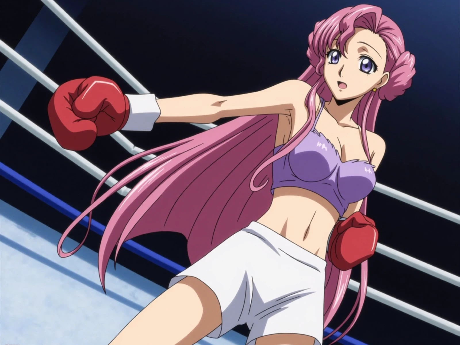 (((pink wrestling outfit))), (masterpiece, , 4K, Best Quality, Anime style: 1.9,, Adult Woman, ultra detailed face, (cloud background, wrestling), Drawing lines, high resolution, Anime, lacus4), 1girl, Solo, curvy figure, Long hair, 鎖骨, scapular, (Detailed wide hair bangs, Hair Ornament, Detailed reddish-pink hair, golden crest), cleavage, large hands, (pro female wrestler). (Big blue eyes, shiny eyes), ((female wrestler, little biceps, slender body, broad shoulders, closed fists, closed mouth)), ((perfect proportions, medium breasts, cleavage, long belly)), (((pink wrestling outfit))), , ( looking at the viewer),