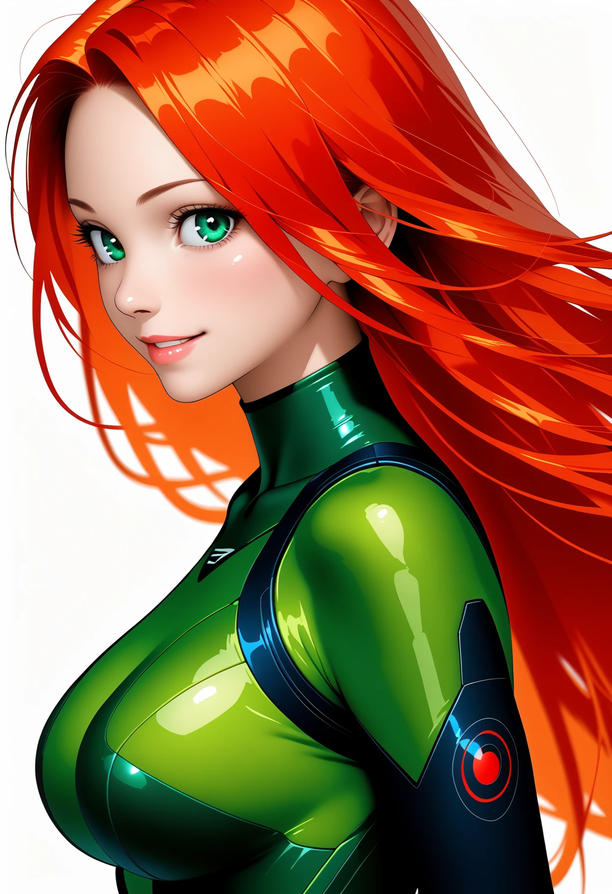 PonyXLV6_Scores BREAK  1girl, blue eyes, bodysuit, breasts, from side, green bodysuit, green eyes, lips, long hair, looking at viewer, multicolored hair, orange hair, red hair, simple background, smile, solo, upper body, white background, source_anime