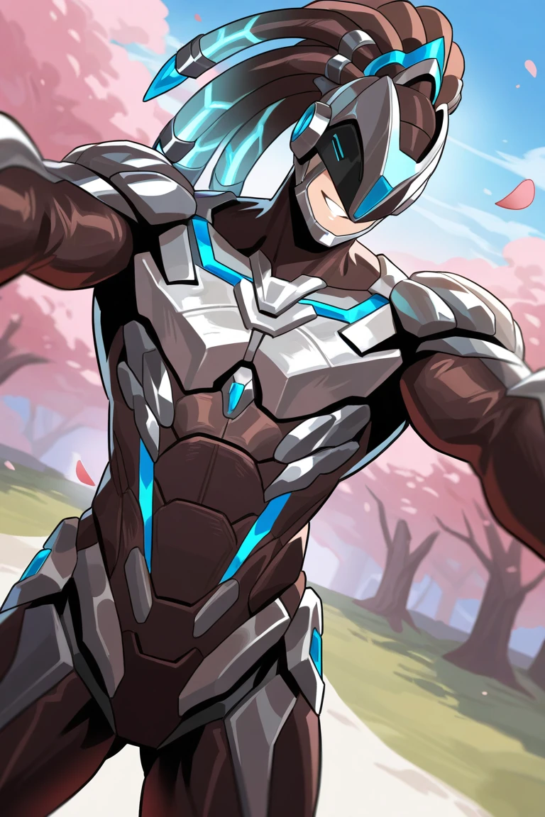 day, natural lighting, spring theme, flowers, petals, cyborg male focus, selfie, outstretched arms, looking down at viewer, expressive face, smiling, AlphaML, brown-blue_AlphaML_high ponytail, helmet, 1cyborg male, blurry outdoors, from below, dutch angle, intricately detailed illustration, masterpiece, best quality, amazing quality, very aesthetic, absurdres, newest