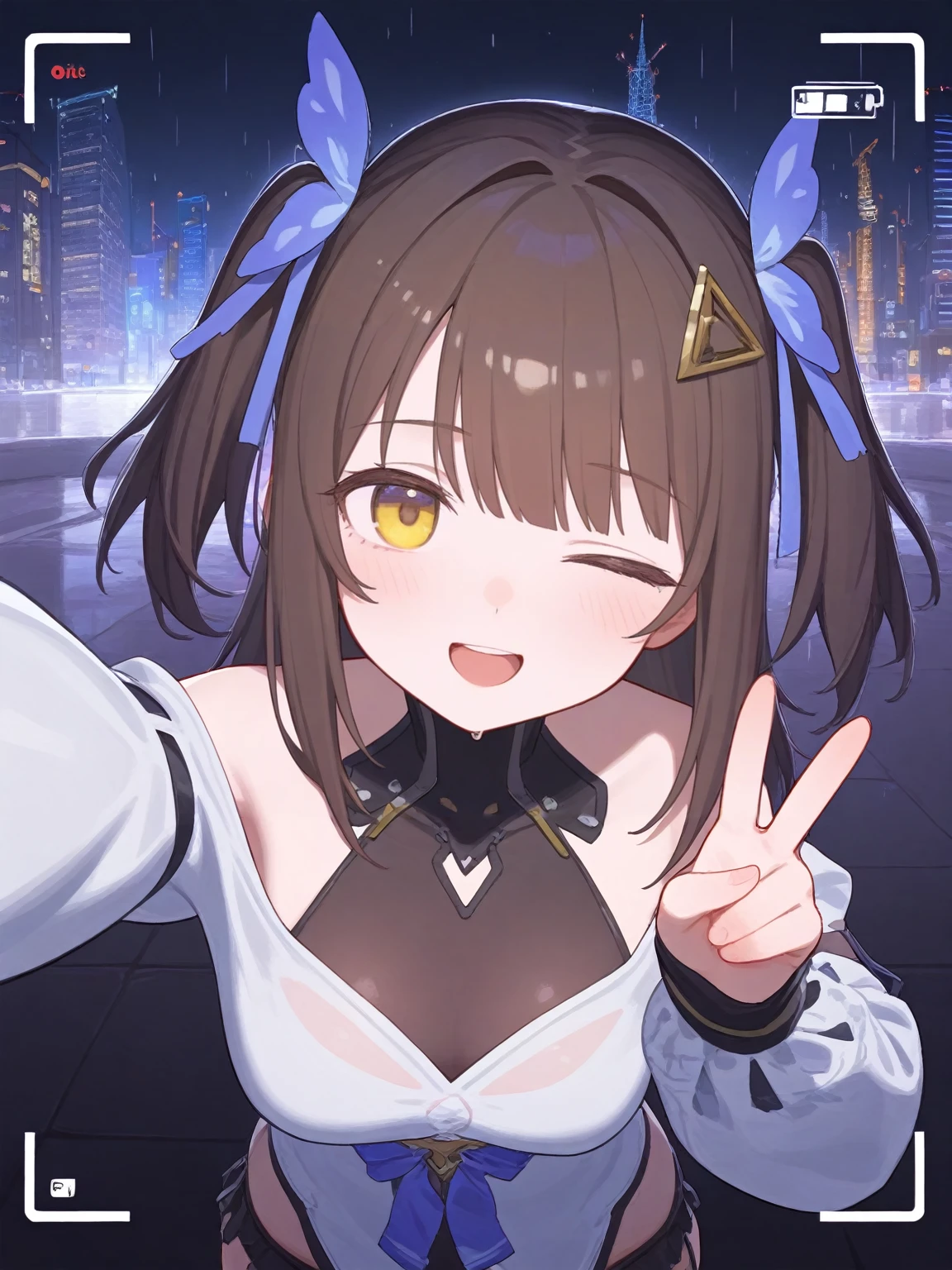 siris, siris-Ksana(Flutter of Ecstasy), brown_hair, twintails, hair clip, <lora:siris-Ksana(Flutter of Ecstasy)-tillunai3:0.8>,,blush,yellow eyes, confident,
solo,v,viewfinder,taking picture,smile,one eye closed,open mouth,looking_up,from above,cyberpunk, city, skyscraper, skyline, night sky, neon lights, no humans, background,lens flare,backlighting,reflection light,rain,,
best quality,amazing quality,very aesthetic,absurdres,masterpiece,best quality,amazing quality,very aesthetic,absurdres,masterpiece,[artist:ciloranko],[artist:ningen mame],{{artist:sushineko8}},(artist:tianliangduohefangdongye:1),, best quality,amazing quality,very aesthetic,absurdres,masterpiece,[artist:ciloranko],[artist:ningen mame],{{artist:sushineko8}},(artist:tianliangduohefangdongye:1)