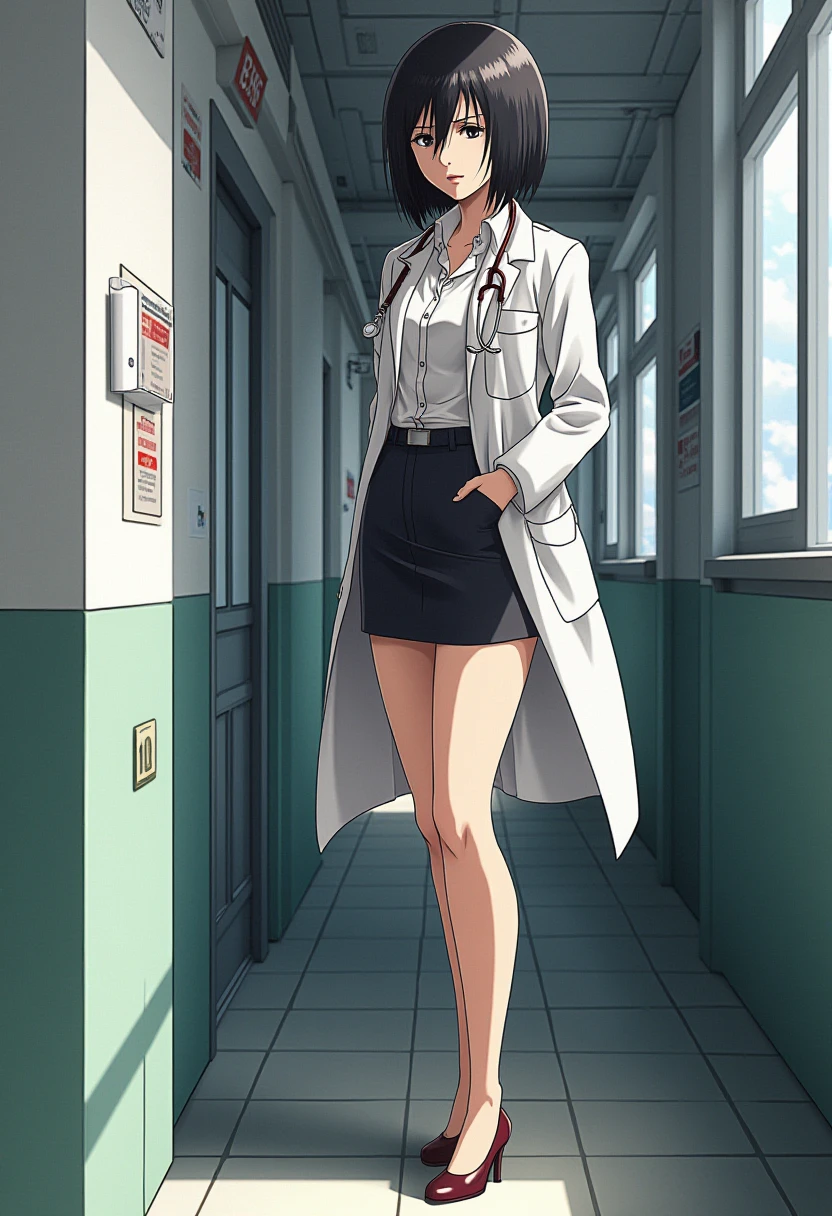 A detailed solo portrait of aot_mikasa
Anime style, sharp, high contrast and highly detailed,,
  <lora:attack_on_titan_mikasa_young_flux_v1_2-000008:1>,, A beautiful young female surgeon standing with a serious and haughty expression. She is wearing a lab coat and has a stethoscope around her neck. She wears a shirt and pencil skirt. Looking professional, yet her beautiful long legs with high heels can be seen under the lab coat. 
She leans by a large window in a hospital alley, with plenty of natural light.