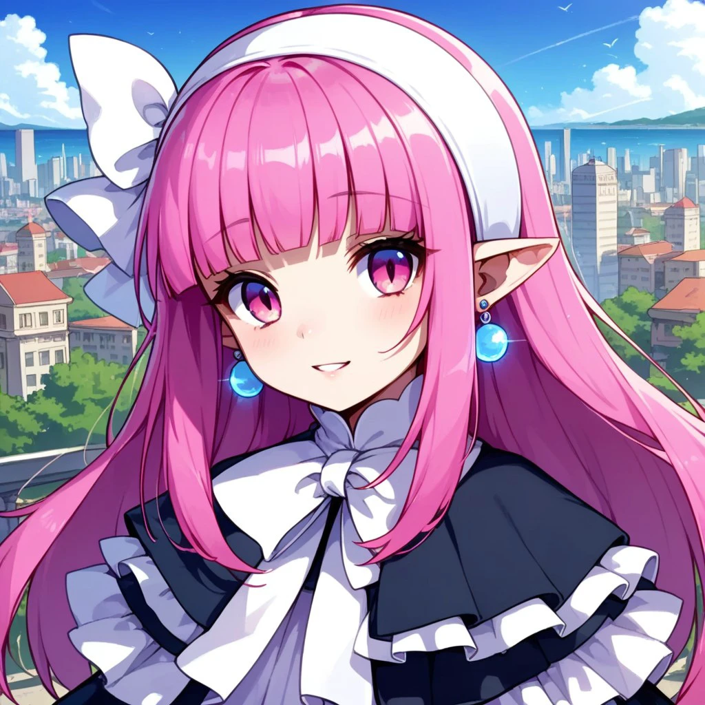 score_9, score_8_up, score_7_up,source_anime,long sleeve,black long dress,Slit in the center dress,pink hair,pink eyes,capelet,black Long boots,blunt bangs,long dress,earrings,white hair ribbon,white hairband,pointy ears,ribbon,outdoor,city,day,Sunshine,