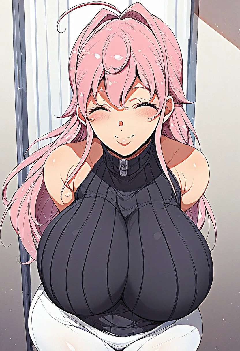 source_anime, score_9, score_8_up, score_7_up, hinata-mayuri, ribbed sweater, skirt, bare shoulders, sleeveless turtleneck, huge breasts, friendly posture, sunny day, pink hair, long hair, thick thighs, curvy, wide hips, huge ass, 1girl, solo, eyes closed anime friendly smile, looking at viewer, standing, hand behind back, from above, close-up, indoors