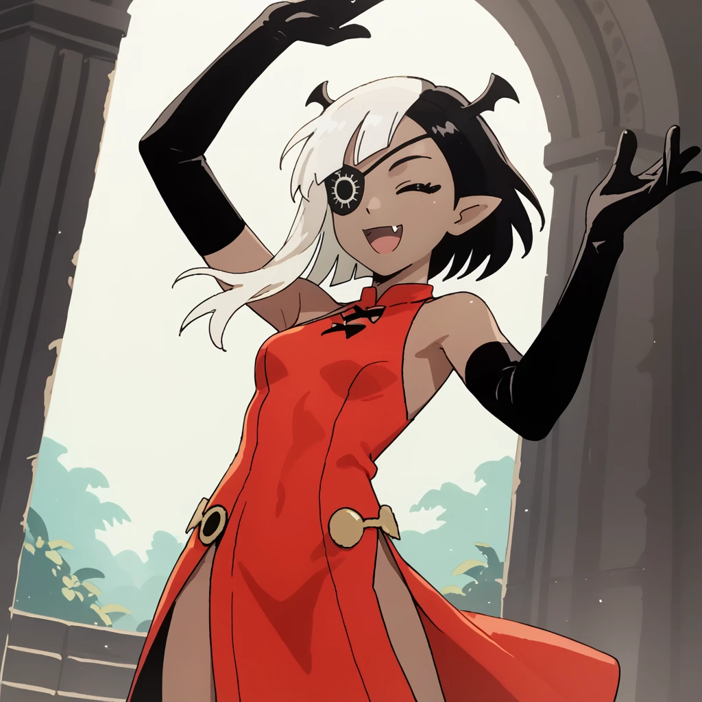 score_9, score_8_up, score_7_up, 1girl, solo, uncensored, lugosichan,  smile, open mouth, arm up, closed eyes, dancing, dutch angle, dark skin, split-color hair,  black hair, white hair, eyepatch, skin fang, black elbow gloves, red dress, outdoors, abstract background <lora:LugosiChanXL_v2.0:1>