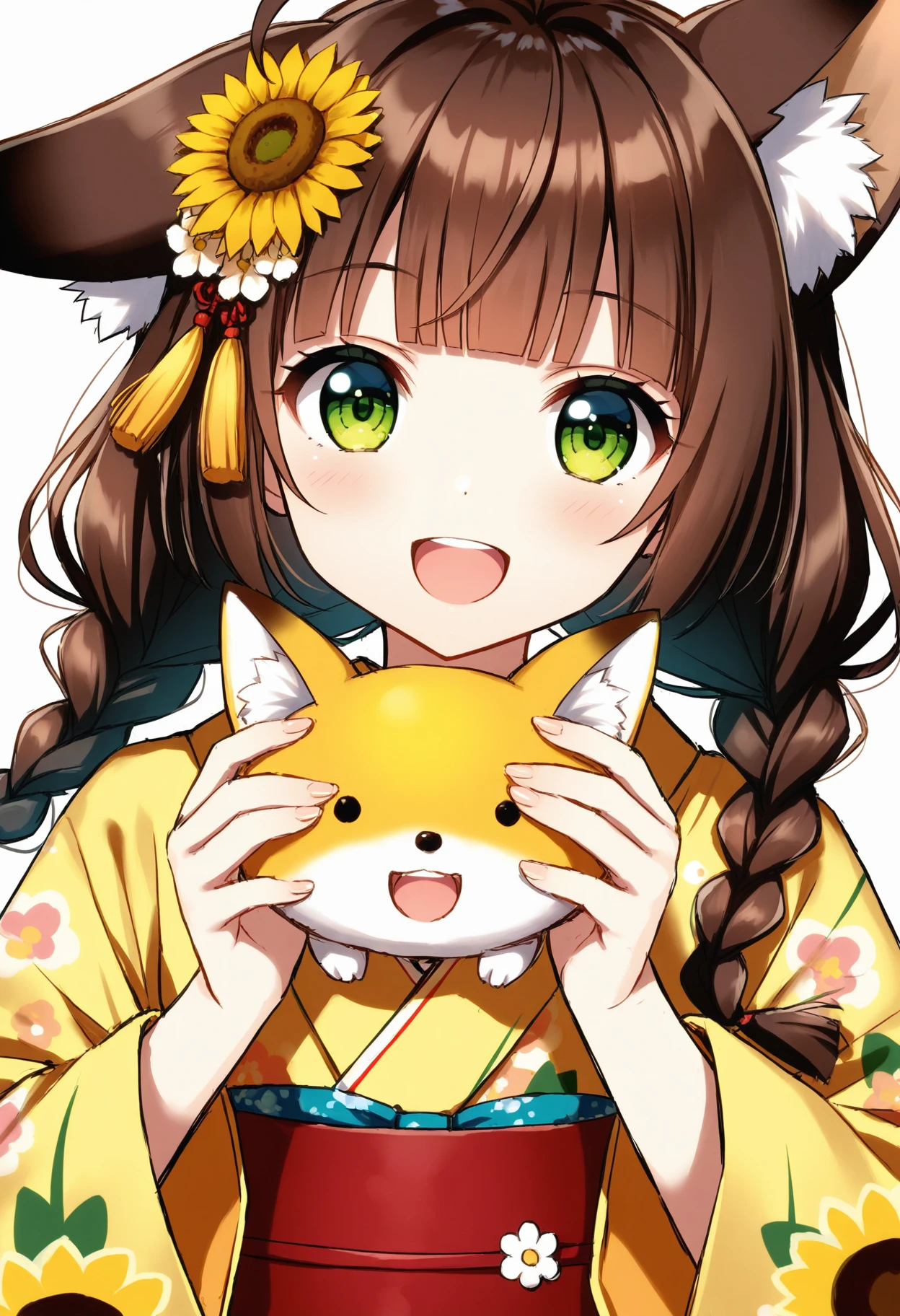 1girl, original, ahoge, animal ears, blunt bangs, braid, brown hair, dot nose, eyelashes, floral print, flower, green eyes, happy, japanese clothes, kimono, light blush, long sleeves, looking at viewer, low twintails, obi, red sash, sash, side braid, simple background, sketch, smile, solo, sunflower, teeth, twin braids, twintails, upper body, upper teeth only, white background, yellow flower, yellow kimono, yukata, :d, open mouth, hands up, fox ears, long hair, wide sleeves, print kimono, fingernails, tassel, holding, holding animal, animal ear fluff