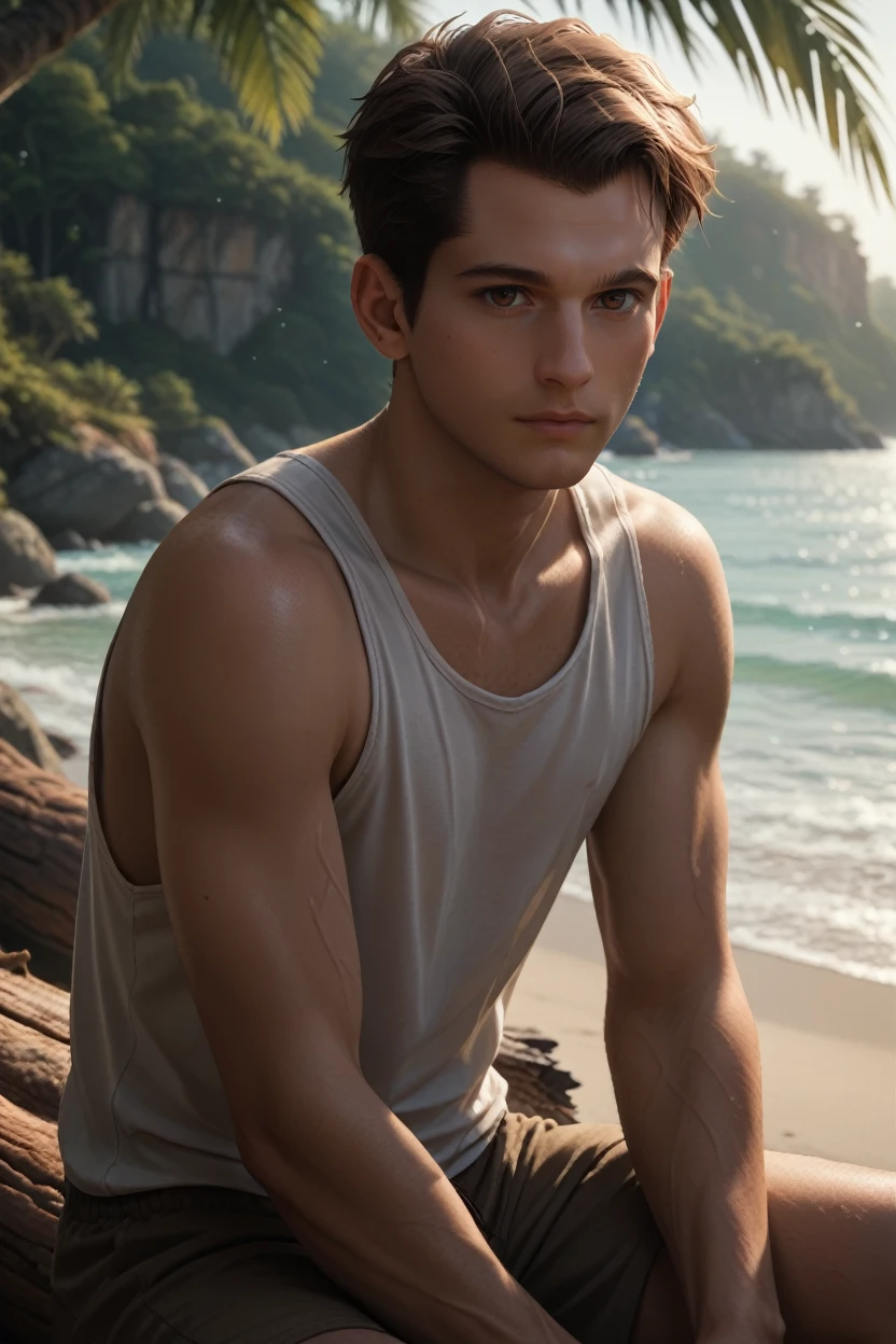 score_9, score_8_up, score_7_up,
<lora:DBHConnor:0.8>
DBHConnor, 1boy, brown hair, brown eyes, short hair, looking at viewer, solo, in a tank top, sitting on a large driftwood log, beach in the background, calm ocean, soft lighting, peaceful and relaxed atmosphere