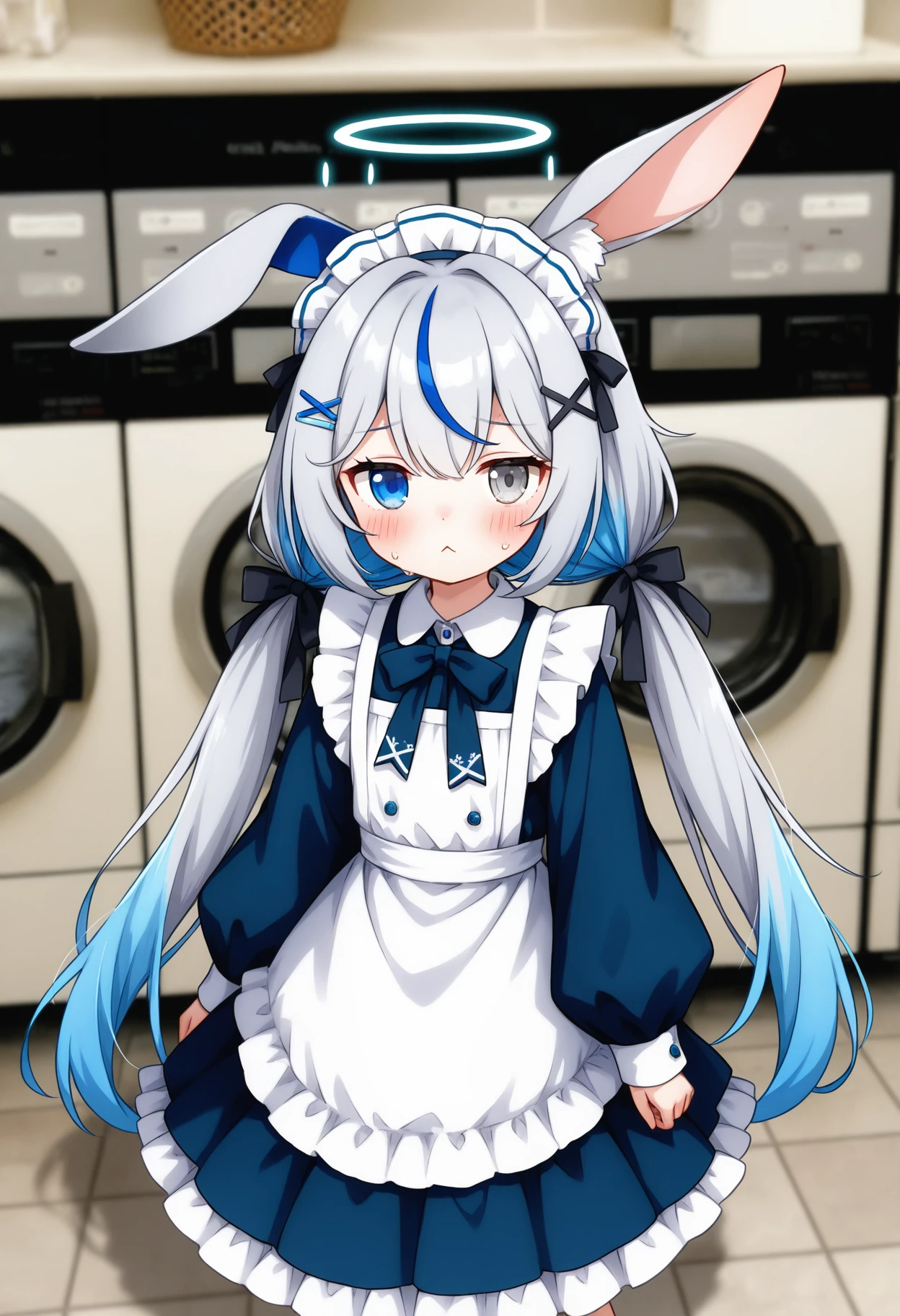 1girl, original, :<, animal ear fluff, animal ears, black bow, blue dress, blue eyes, blush, bow, closed mouth, collared dress, dress, grey hair, hair ornament, hairclip, indoors, long hair, long sleeves, photo background, puffy long sleeves, puffy sleeves, rabbit ears, single ear down, sleeves past wrists, solo, standing, sweat, washing machine, waist apron, hair between eye, twintails, looking at viewer, x hair ornament, frilled dress, low twintails, very long hair, maid headdress, tile floor, apron, tiles, halo, multicolored hair, blue hair, blue bow, heterochromia, frills, white apron, grey eyes, ear bow