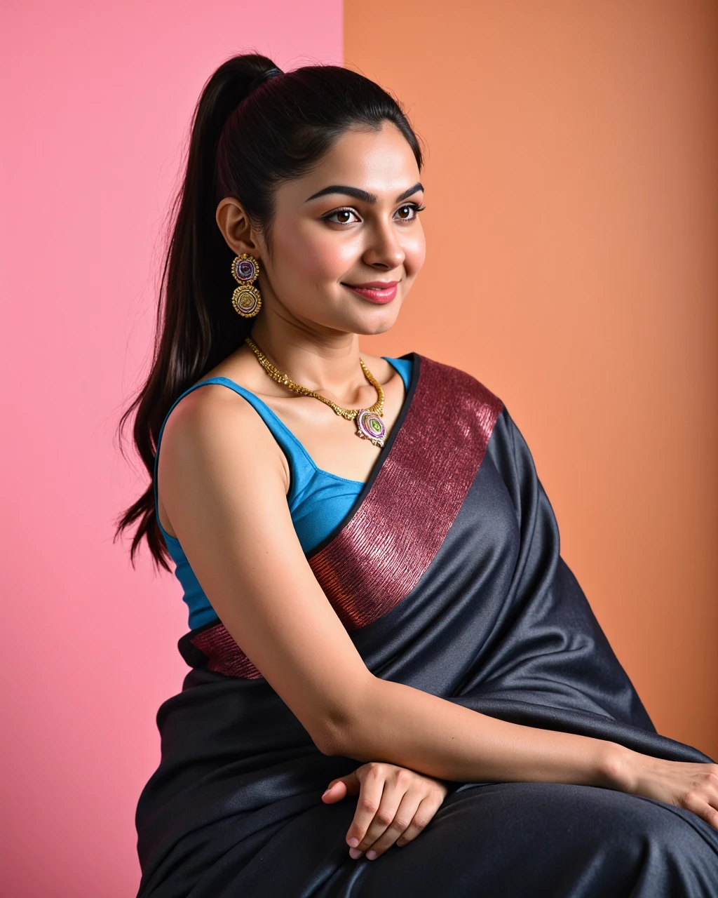 headshot photo of Andrea Jeremiah woman,candid photo with natural colors, smiling expression on face,studio quality, wearing intricate conservative sleeveless Charcoal Banarasi Silk Saree, high ponytail, pastel shaded multicolored background, cinematic soft lighting<lora:TestBed\Andrea_Jeremiah_2024_Flux_Kohya_LoRA_v1-step00000200.safetensors:0.9:0.9>