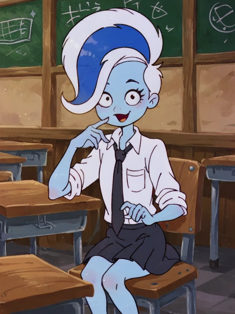 score_9, score_8_up, score_7_up, 
1girl, phantasma phantom, blue skin, white hair, short hair, blue streak, black eyes,

smile, open mouth, looking at viewer , sitting, school uniform, black skirt, white shirt, sleeves rolled up, loose necktie, black necktie, chair, transparent, classroom,