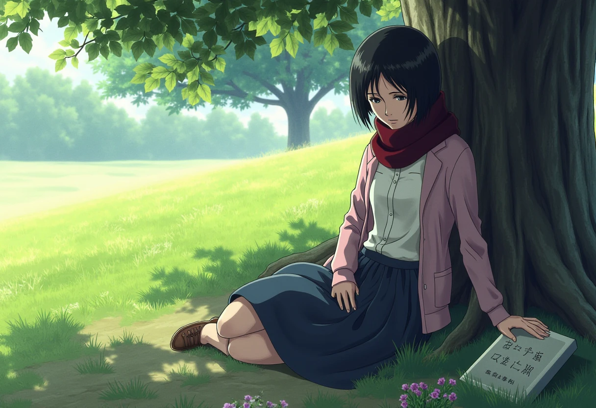 A detailed solo portrait of aot_mikasa
Anime style, sharp, high contrast and highly detailed,,
  <lora:attack_on_titan_mikasa_young_flux_v1_2-000008:1>, 
She sits under the shade of a large tree on top of a hill, leaning slightly against its sturdy trunk. She wears a light pink cardigan over a white blouse and a dark blue pleated skirt that flows neatly around her legs as she sits. Her footwear consists of simple, dark brown shoes. A deep red scarf is wrapped snugly around her neck, adding warmth and subtle contrast to her outfit.
Her expression conveys a sense of sorrow or reflection, with her gaze directed downward, avoiding direct eye contact with the viewer. Her black hair is tied back in a loose ponytail, with a few strands framing her face, enhancing her somber demeanor. In front of her, a small gravestone rests on the ground, adorned with a few scattered flowersâsymbols of remembrance and mourning. The soft, green hues of the surrounding field and dappled sunlight add a serene yet poignant backdrop to the emotional weight of the scene.