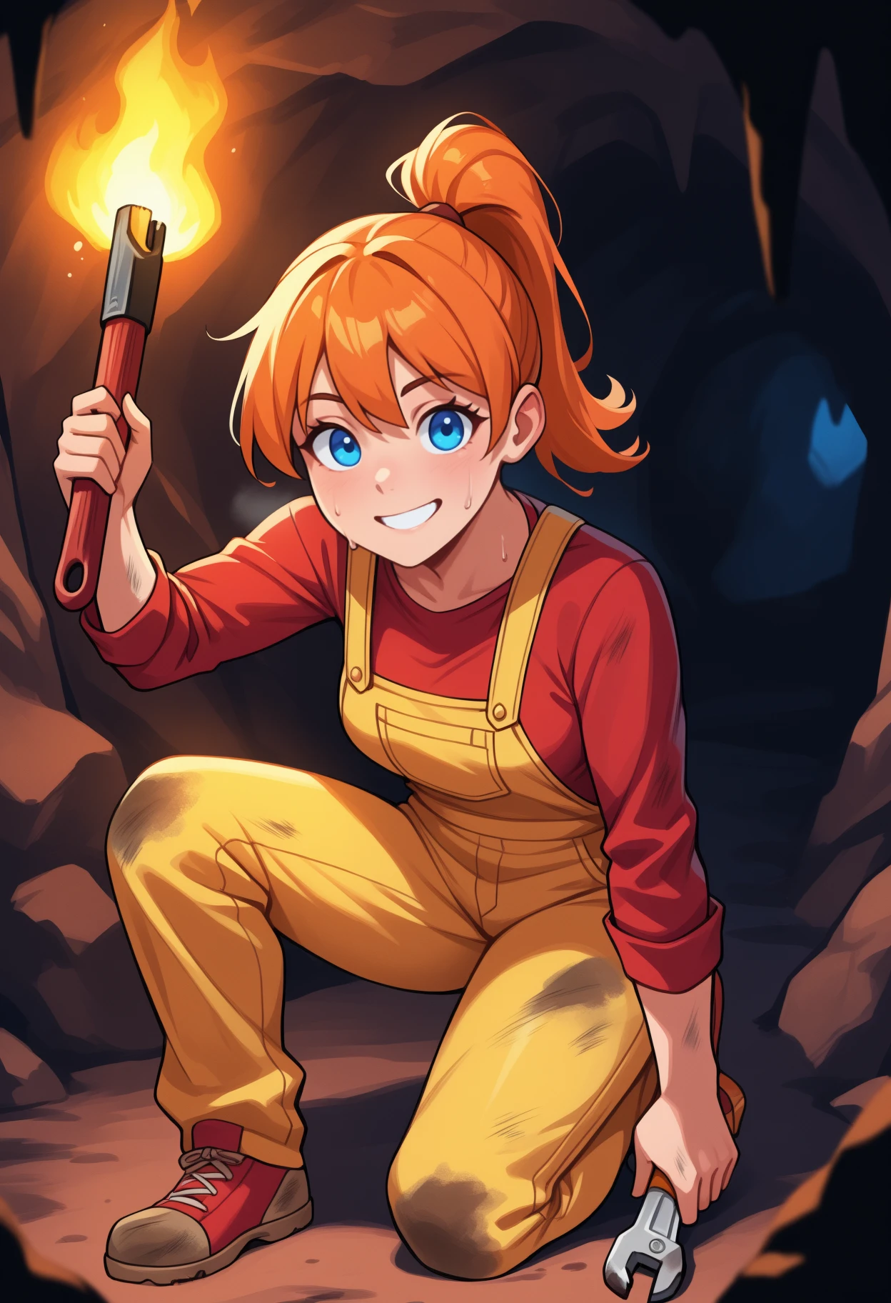 masterpiece, best quality, <break> solo, 1girl, m3chanic, dirty, sweat, grin, looking at viewer, on one knee, holding wrench, long hair, orange hair, ponytail, blue eyes, red shirt, long sleeves, overalls, cave interior, torch, tnt
<segment:yolo-Anzhc Face seg 640 v2 y8n.pt,0.4,0.5//cid=1>